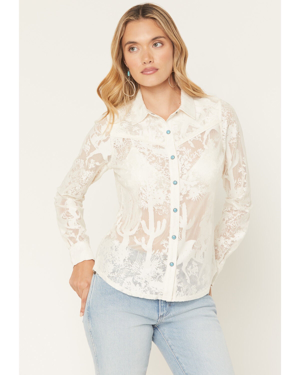 Shyanne Women’s Solid Lace Long Sleeve Western Snap Shirt in Cream – Sheer Turquoise Snap Blouse, Size XXXL