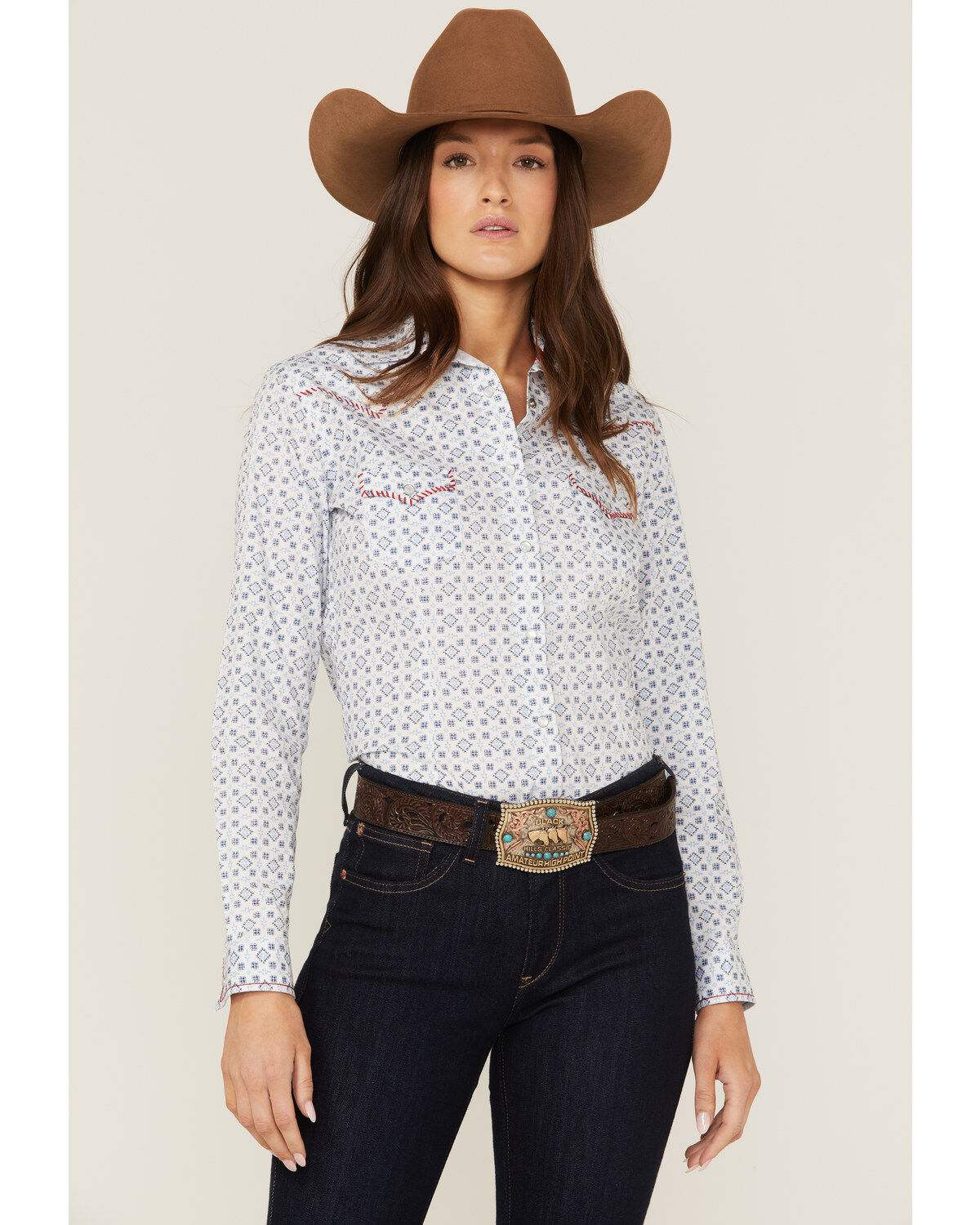 Women's Panhandle Mini Southwestern Geo Whipstitch Long Sleeve Pearl S