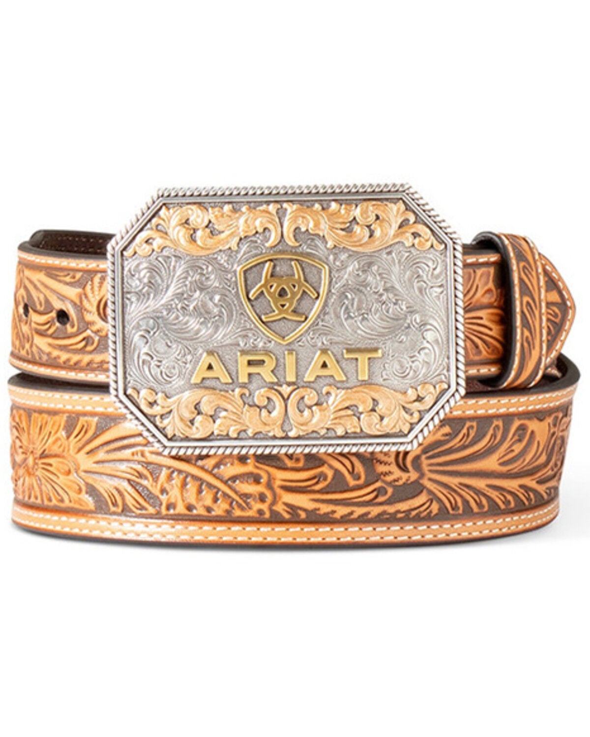 Ariat Men’s Floral Embossed Genuine Leather Belt in Tan with Engraved Western Buckle – Size 38