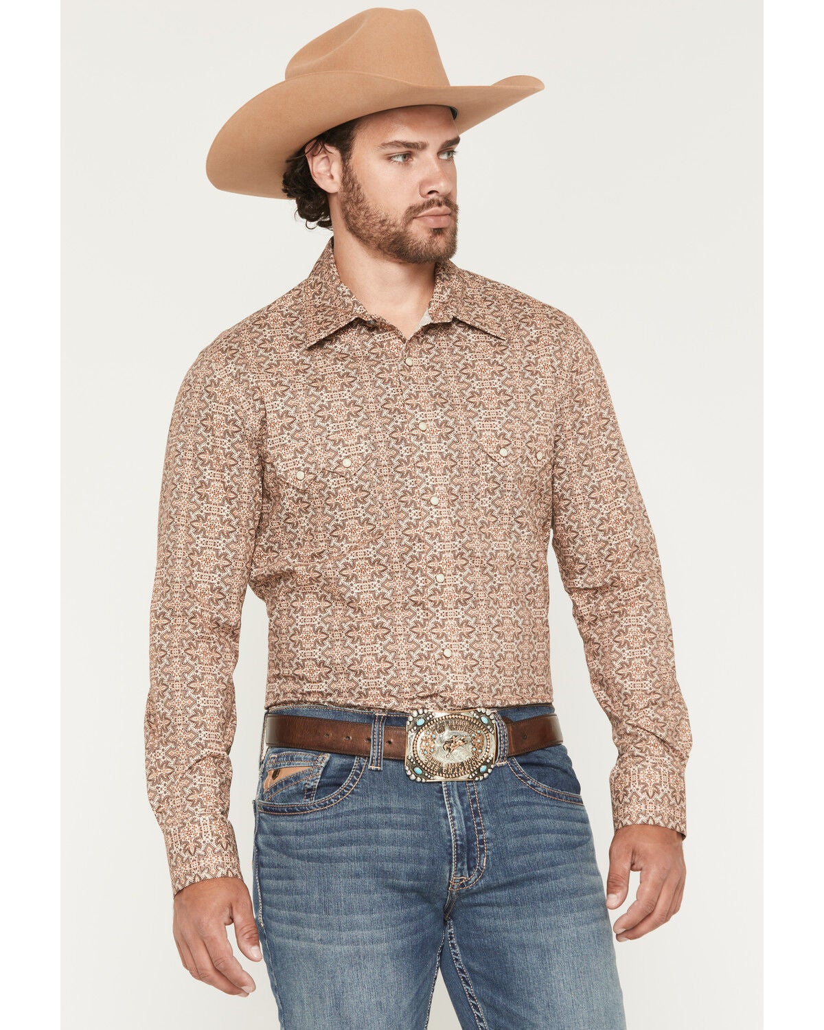 Men's Rock & Roll Denim Boot Stitch Print Long Sleeve Snap Western Shi