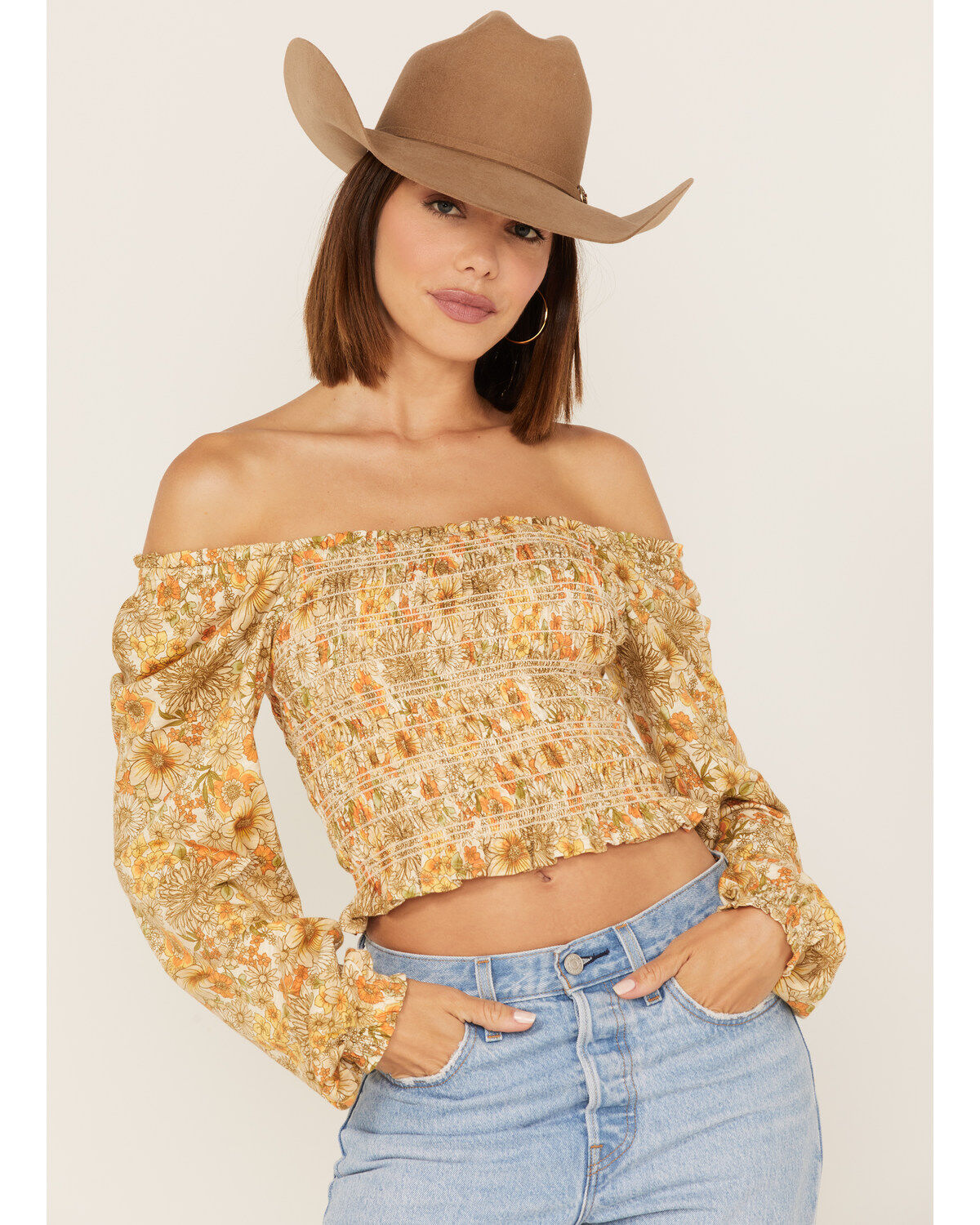 Women's Jolt Floral Print Smocked Long Sleeve Crop Top