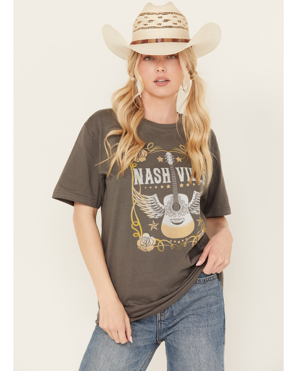 Women's Bohemian Cowgirl Nashville Guitar and Roses Short Sleeve Graph