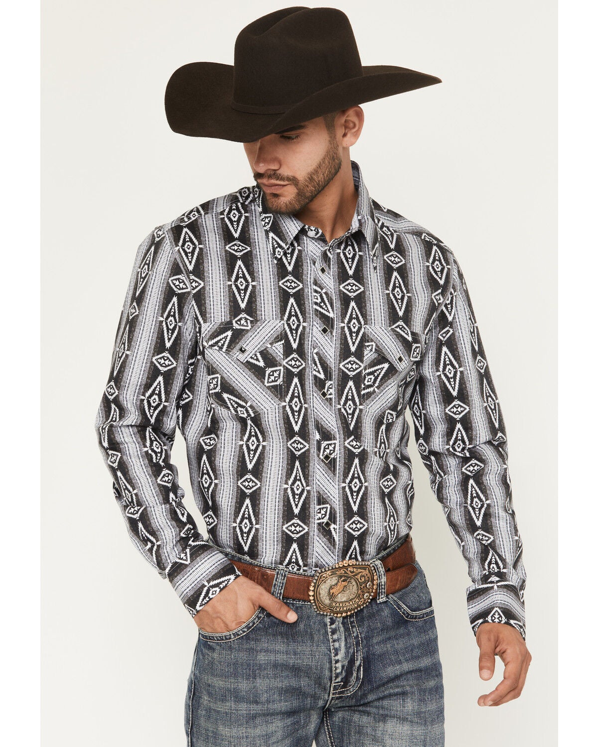 Men's Rock & Roll Denim Southwestern Print Long Snap Stretch Western S