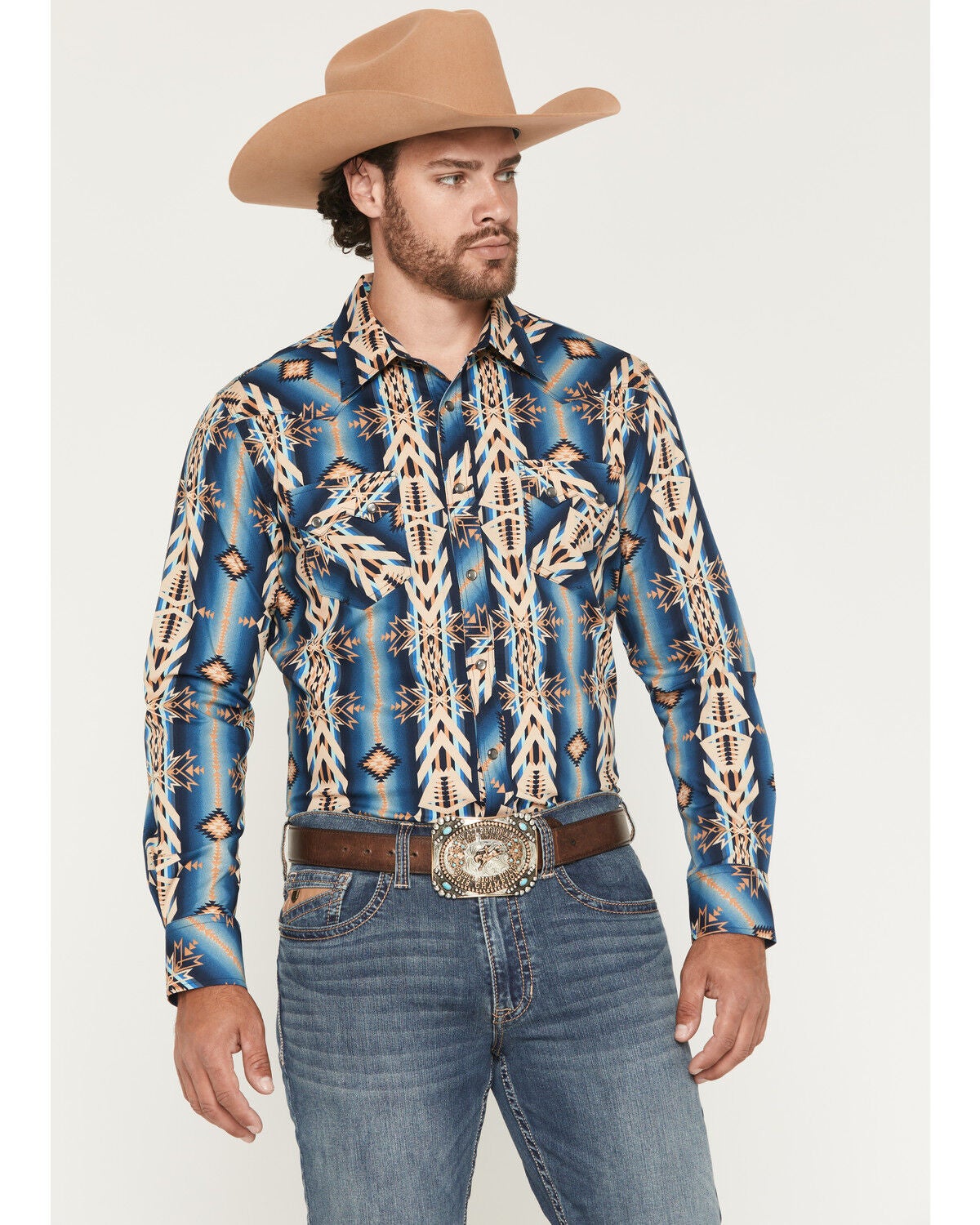 Men's Rock & Roll Denim Southwestern Print Long Sleeve Snap Stretch We