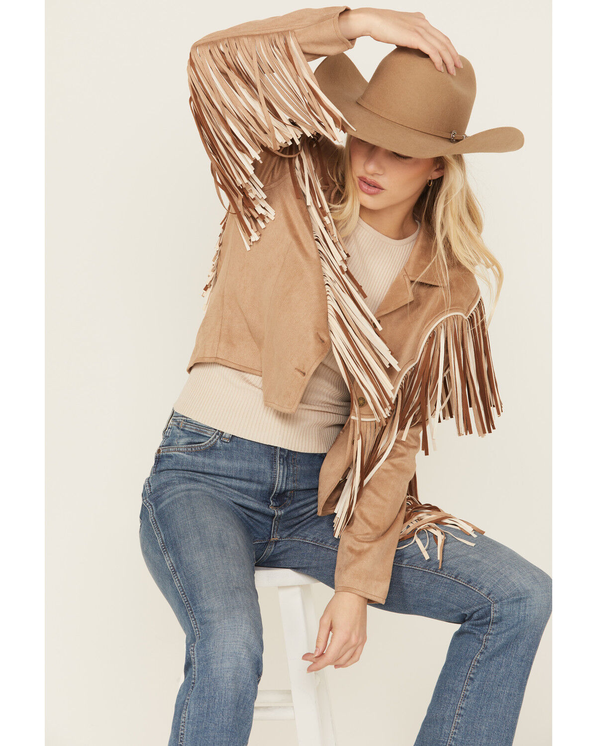 Women's Saints & Hearts Faux Fringe Suede Button-Down Jacket