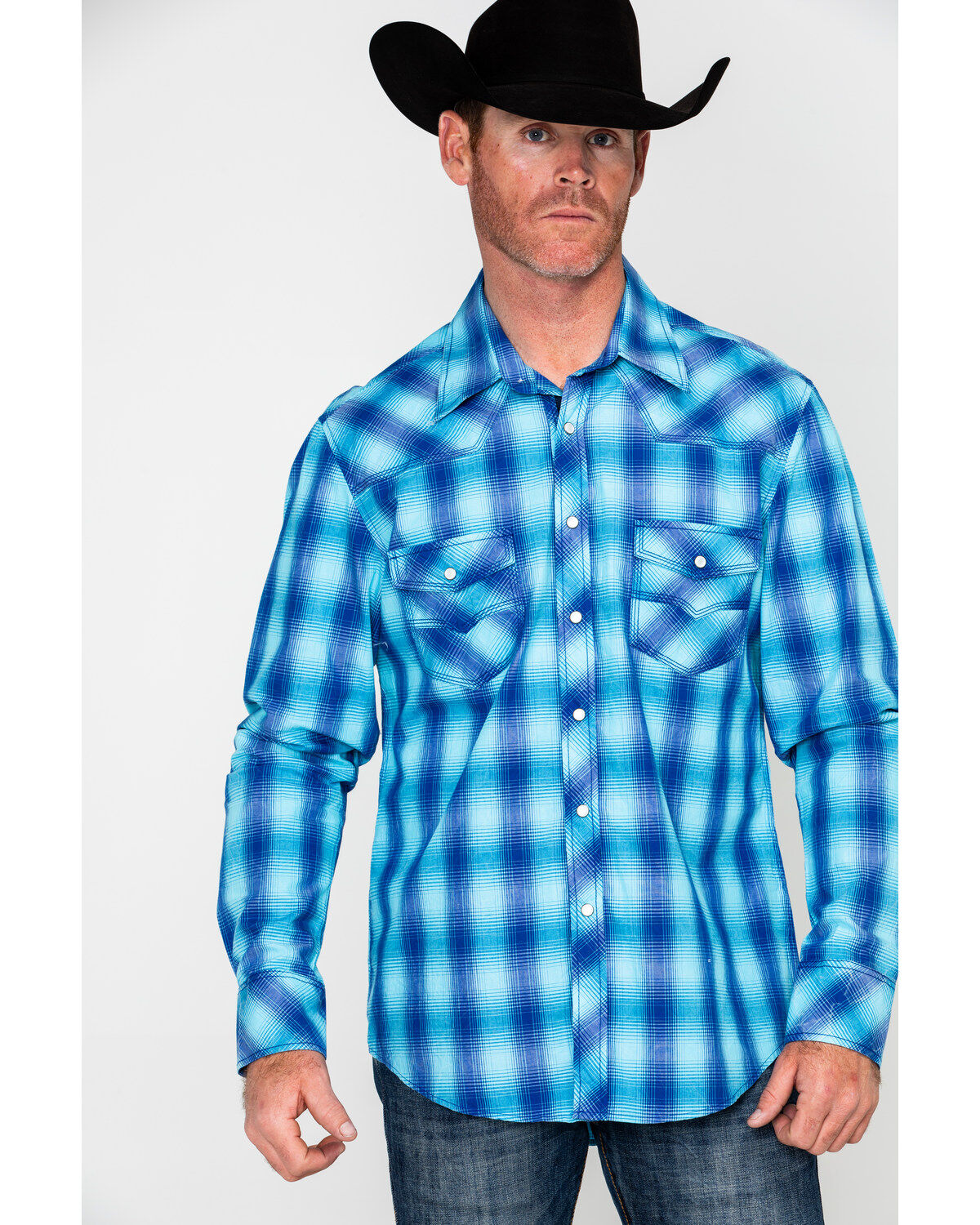 Men's Rock & Roll Denim Crinkle Washed Yarn Dye Plaid Long Sleeve West