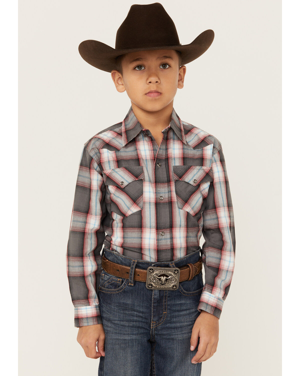 Boys' Roper Plaid Print Long Sleeve Western Pearl Snap Shirt