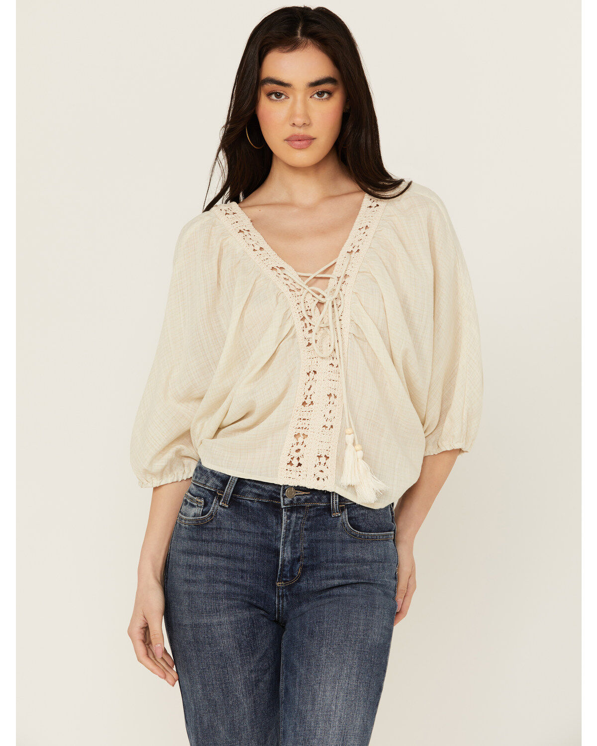 Women's Miss Me Long Sleeve Geo Crochet Top