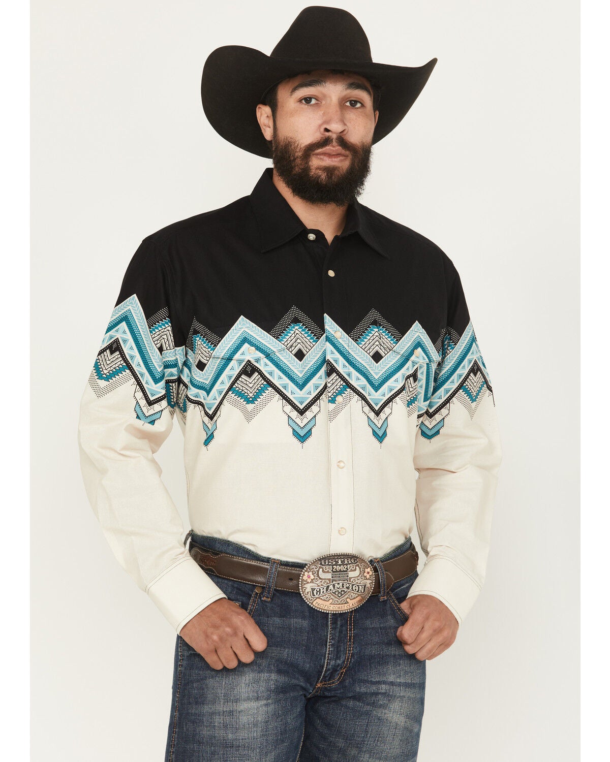 Men's Panhandle Slim Southwestern Border Print Long Sleeve Pearl Snap