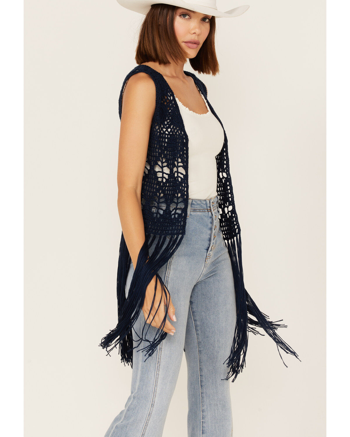 Women's Rock & Roll Denim Crochet Knit Fringe Vest