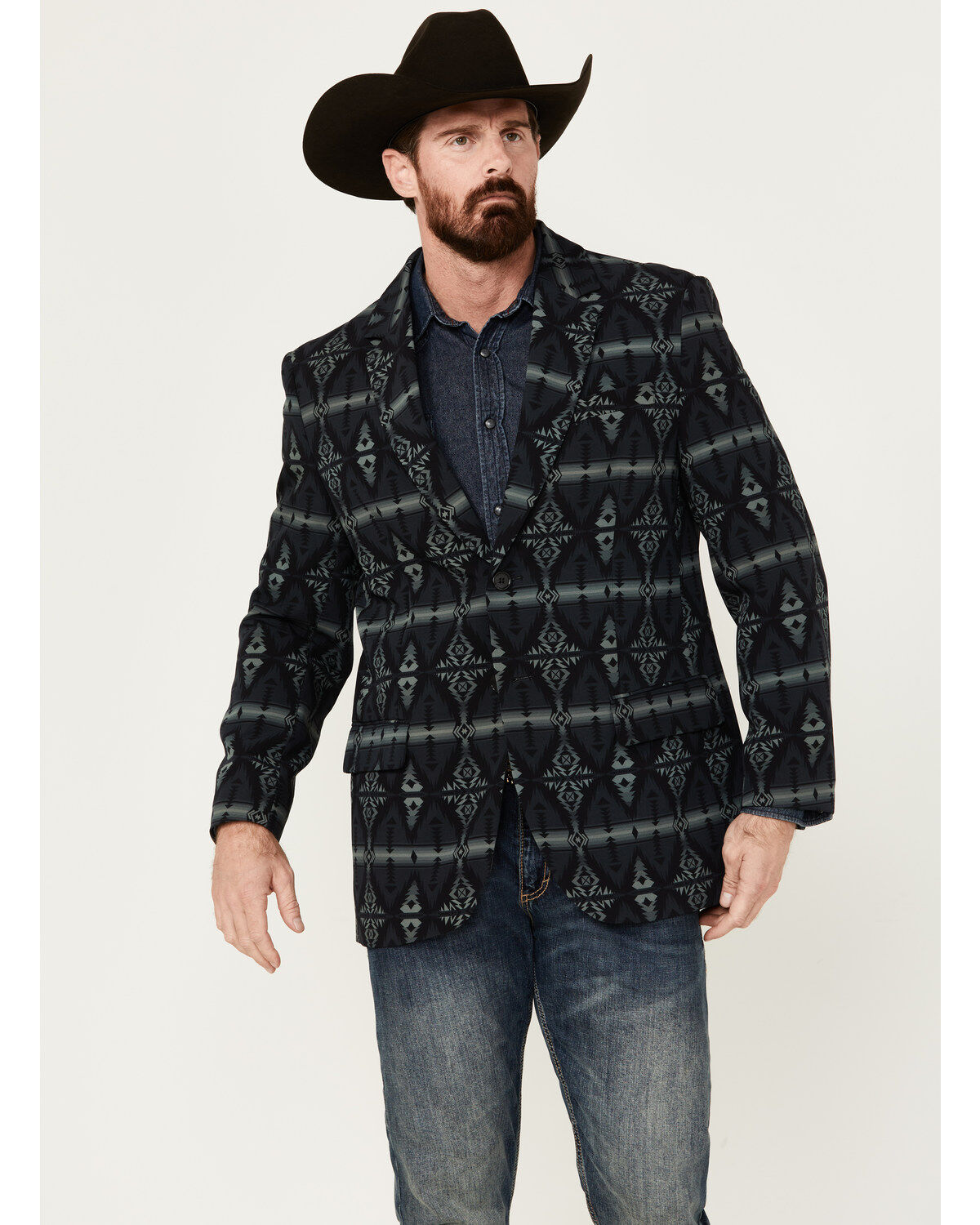 Men's Rock & Roll Denim Southwestern Print Modern Fit Sportcoat