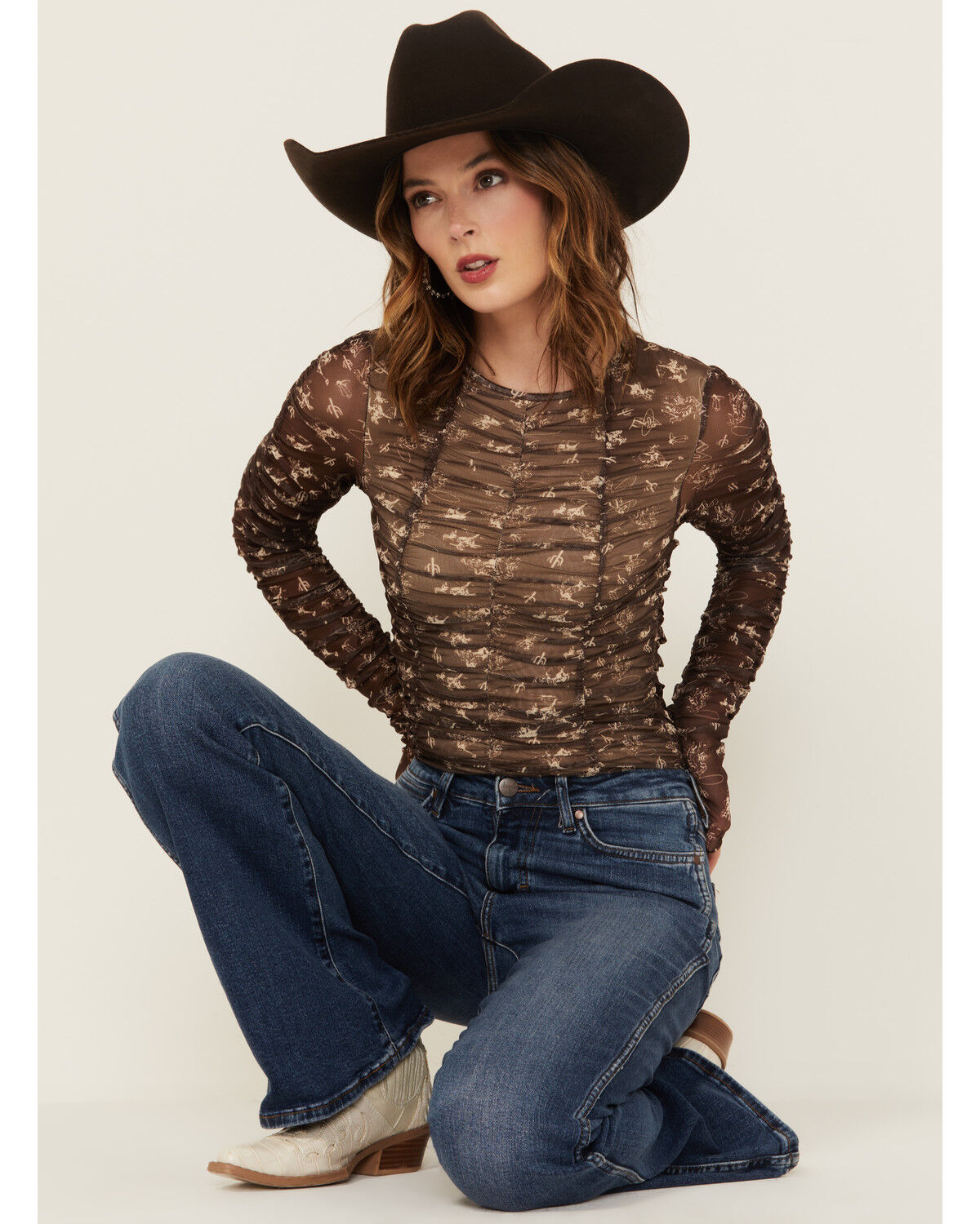 Women's Blue B Conversation Print Mesh Long Sleeve Shirt