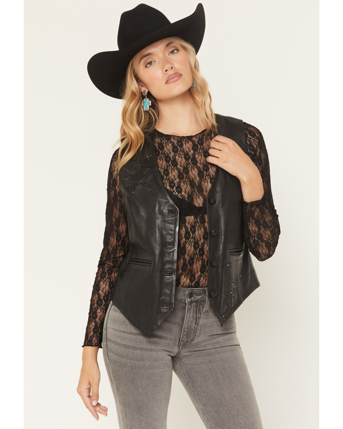 Women's Mauritius Leather Boot Barn Exclusive Star Studded Button Fron