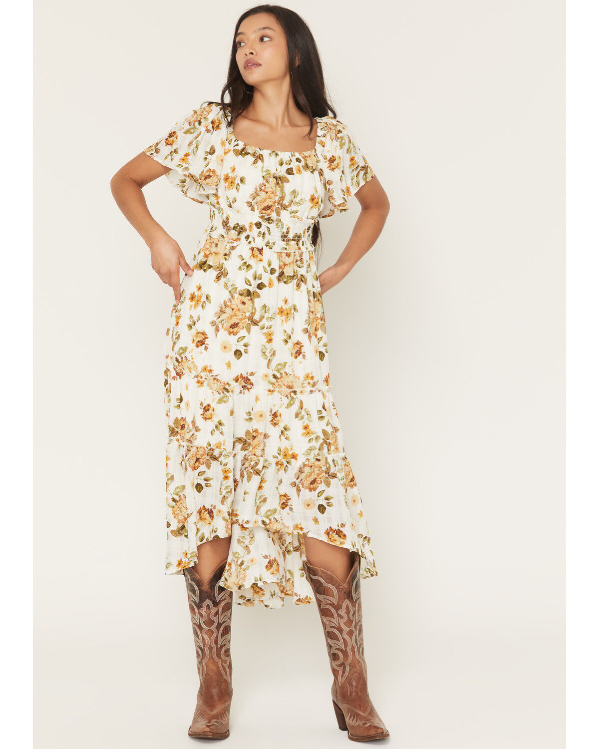 Women's Wild Moss Floral Print Short Sleeve High-Low Dress