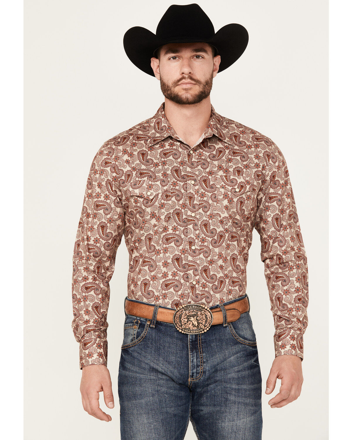 Men's Rock & Roll Denim Paisley Print Stretch Long Sleeve Snap Western