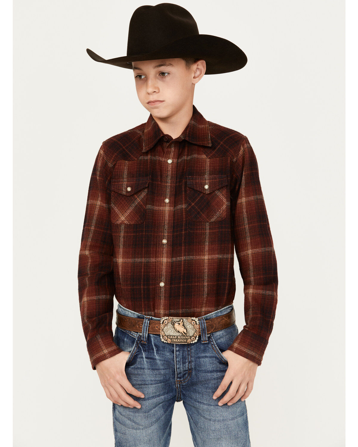 Boys' Ariat Retro Hiller Plaid Print Long Sleeve Snap Western Shirt