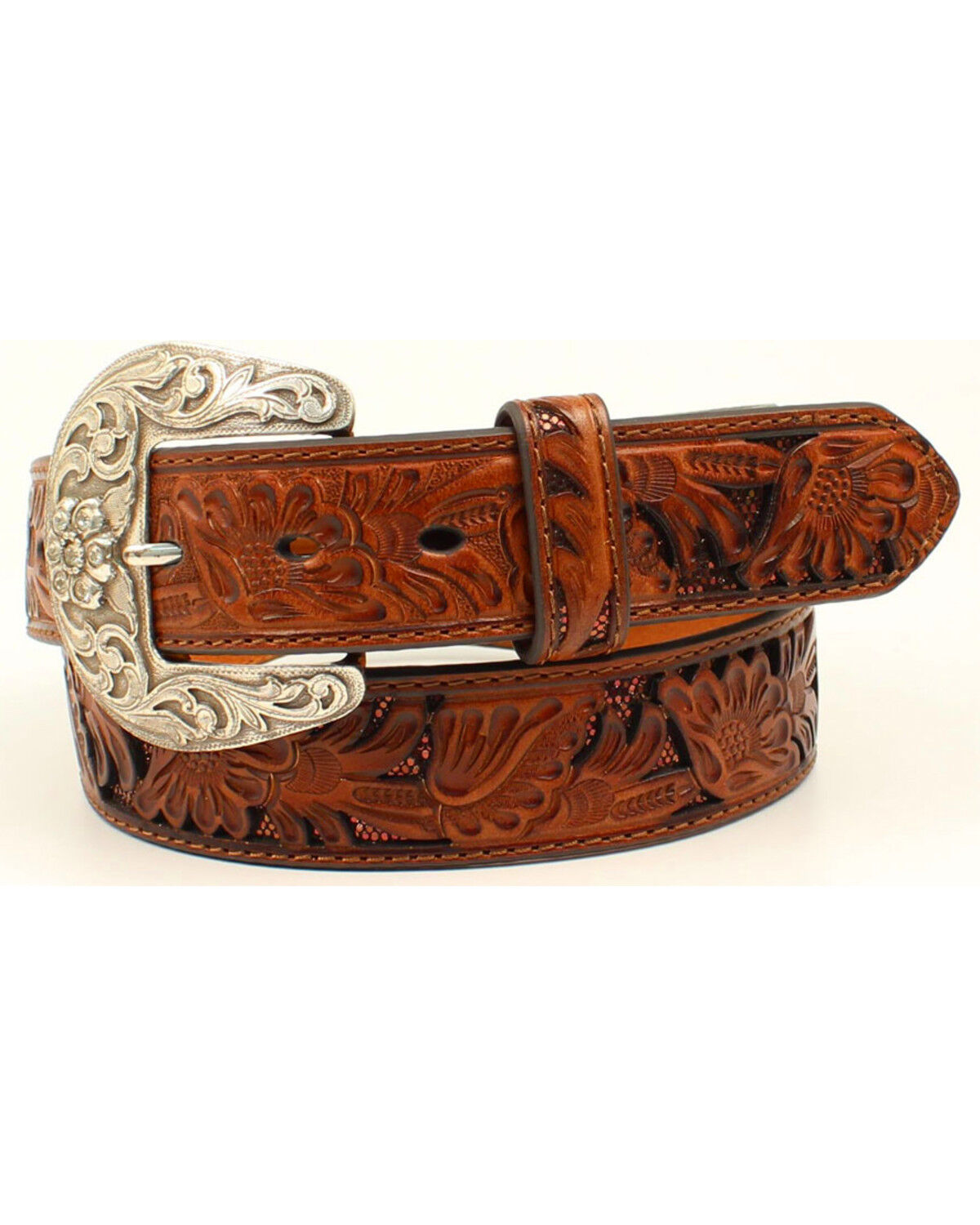Women's Nocona Sequin Underlay Floral Embossed Leather Belt