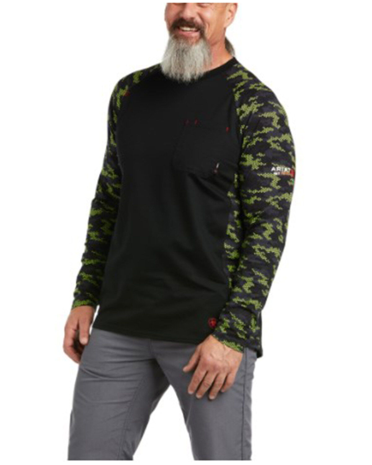 Men's Ariat Black & Lime Camo FR Stretch Long Sleeve Baseball Work T-S