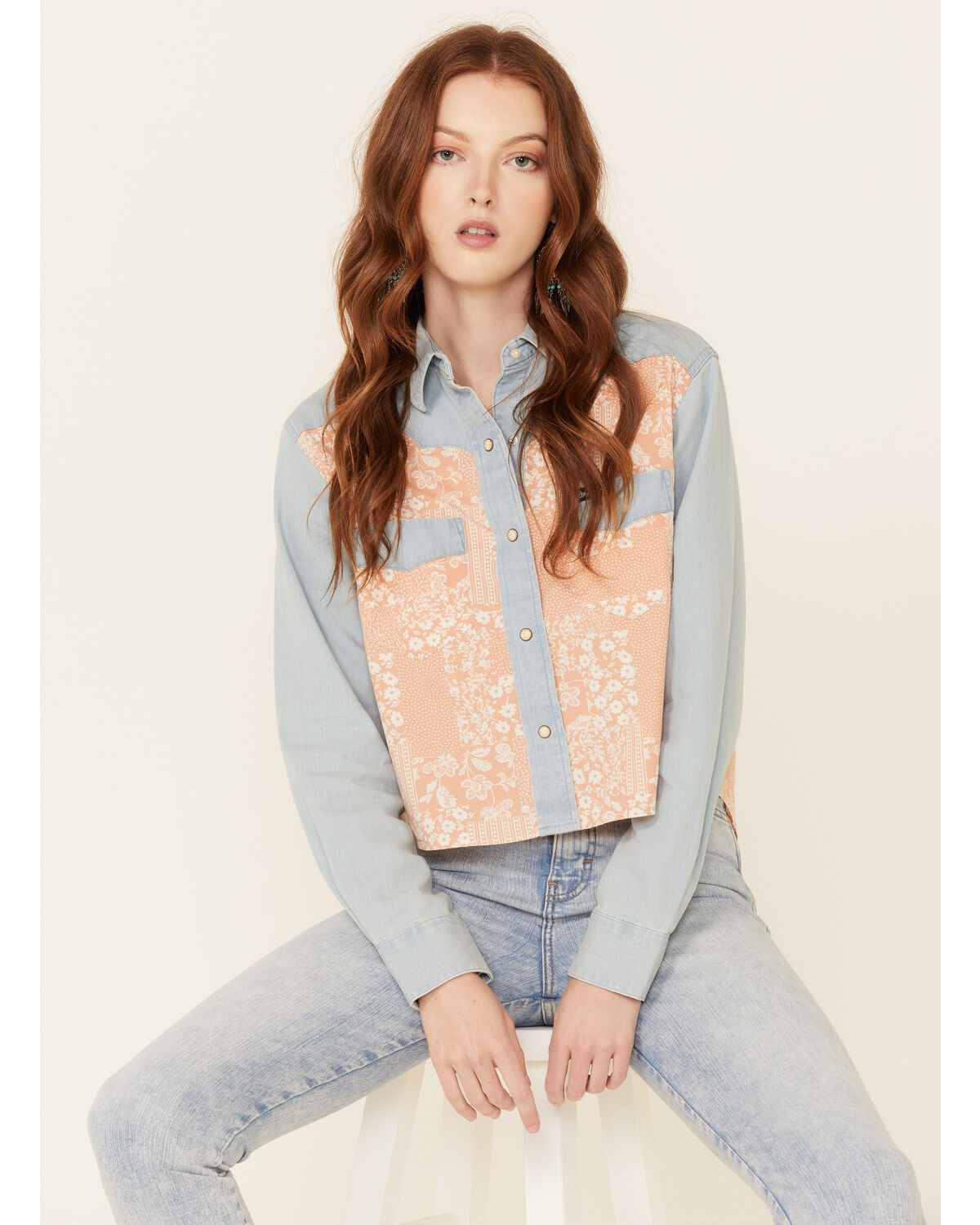 Women's Wrangler Chambray Floral Overlay Long Sleeve Snap Western Shir
