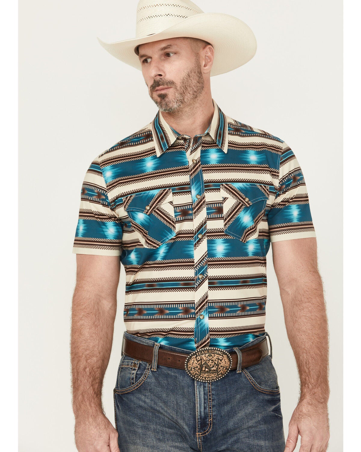 Men's Rock & Roll Denim Southwestern Striped Short Sleeve Snap Stretch