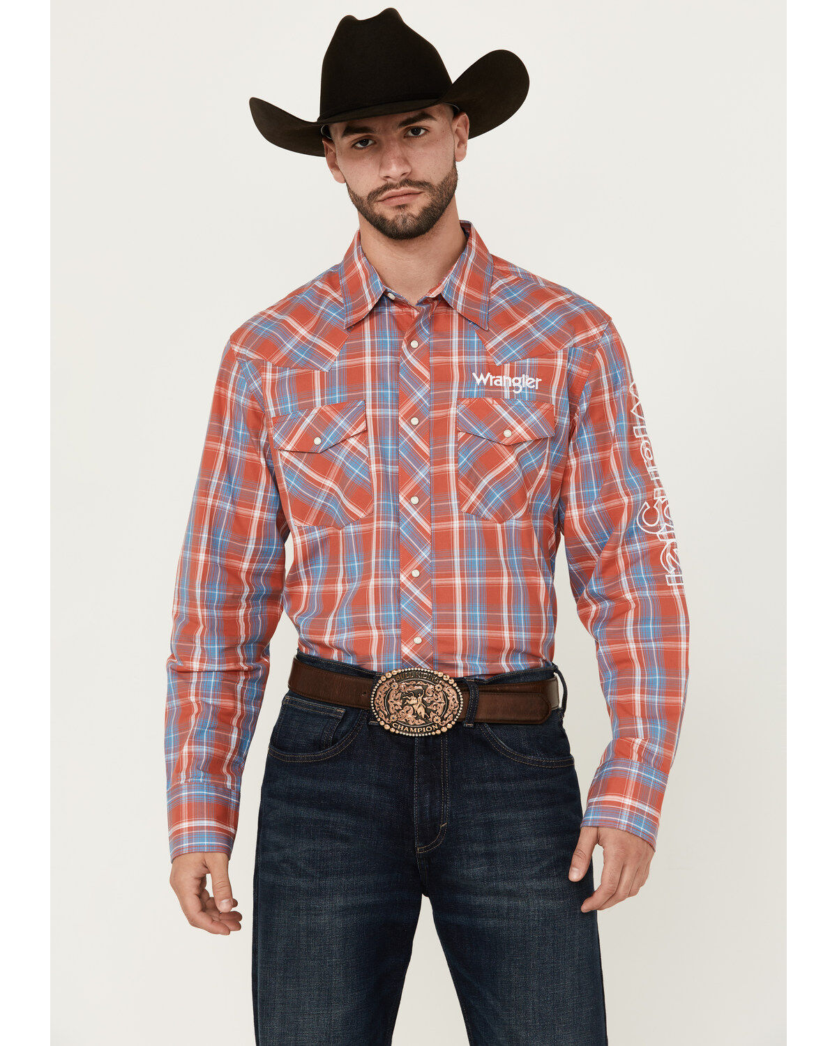 Men's Wrangler Logo Plaid Print Long Sleeve Snap Western Shirt