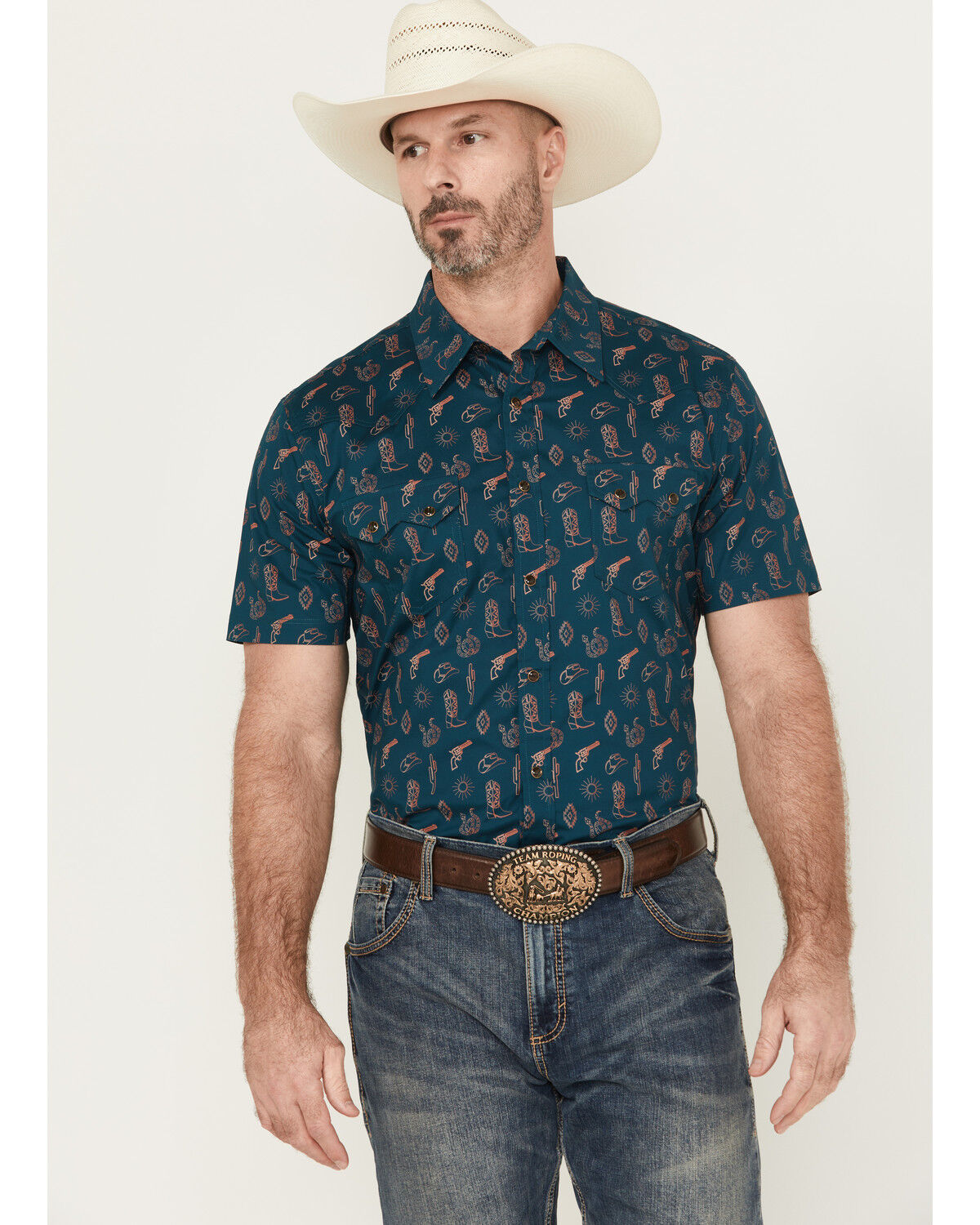Men's Rock & Roll Denim Cowboy Print Short Sleeve Snap Stretch Western