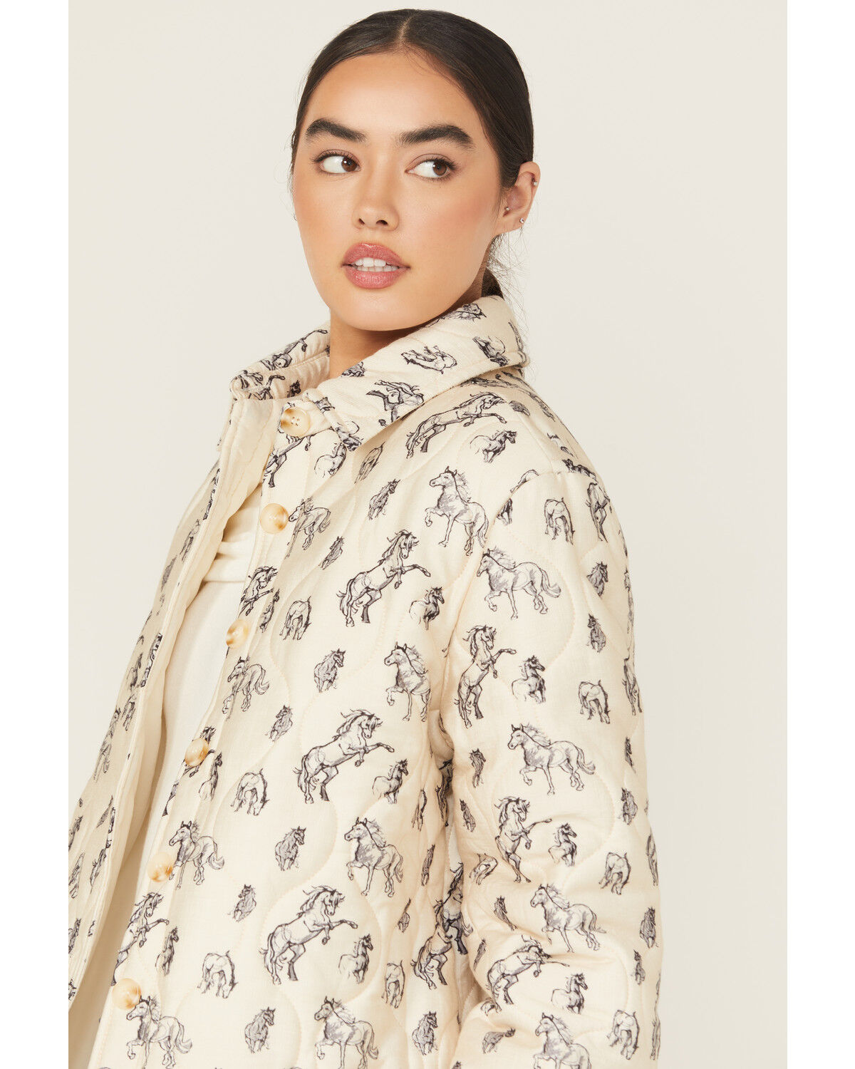 Women's Blue B Quilted Horse Print Button-Down Jacket