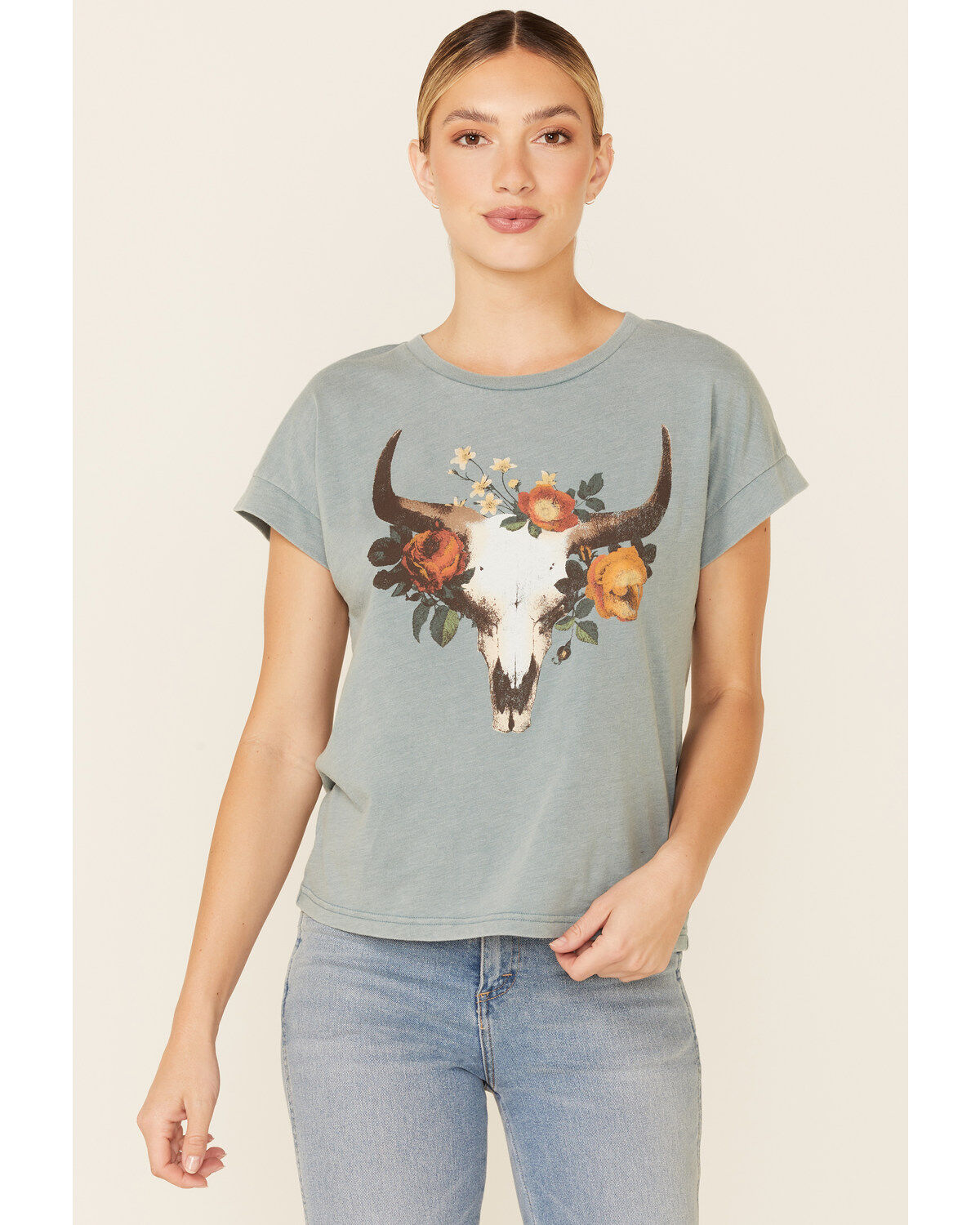 Women's White Crow Teal Floral Longhorn Skull Graphic Short Sleeve Tee