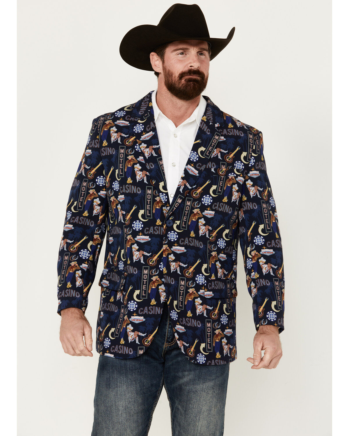Men's Rock & Roll Demin Casino Conversation Print Modern Fit Sportcoat
