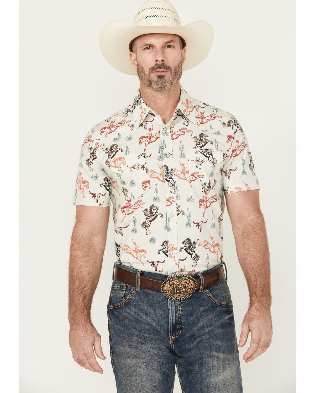 Men's Rock & Roll Denim Bronc Print Short Sleeve Snap Stretch Western