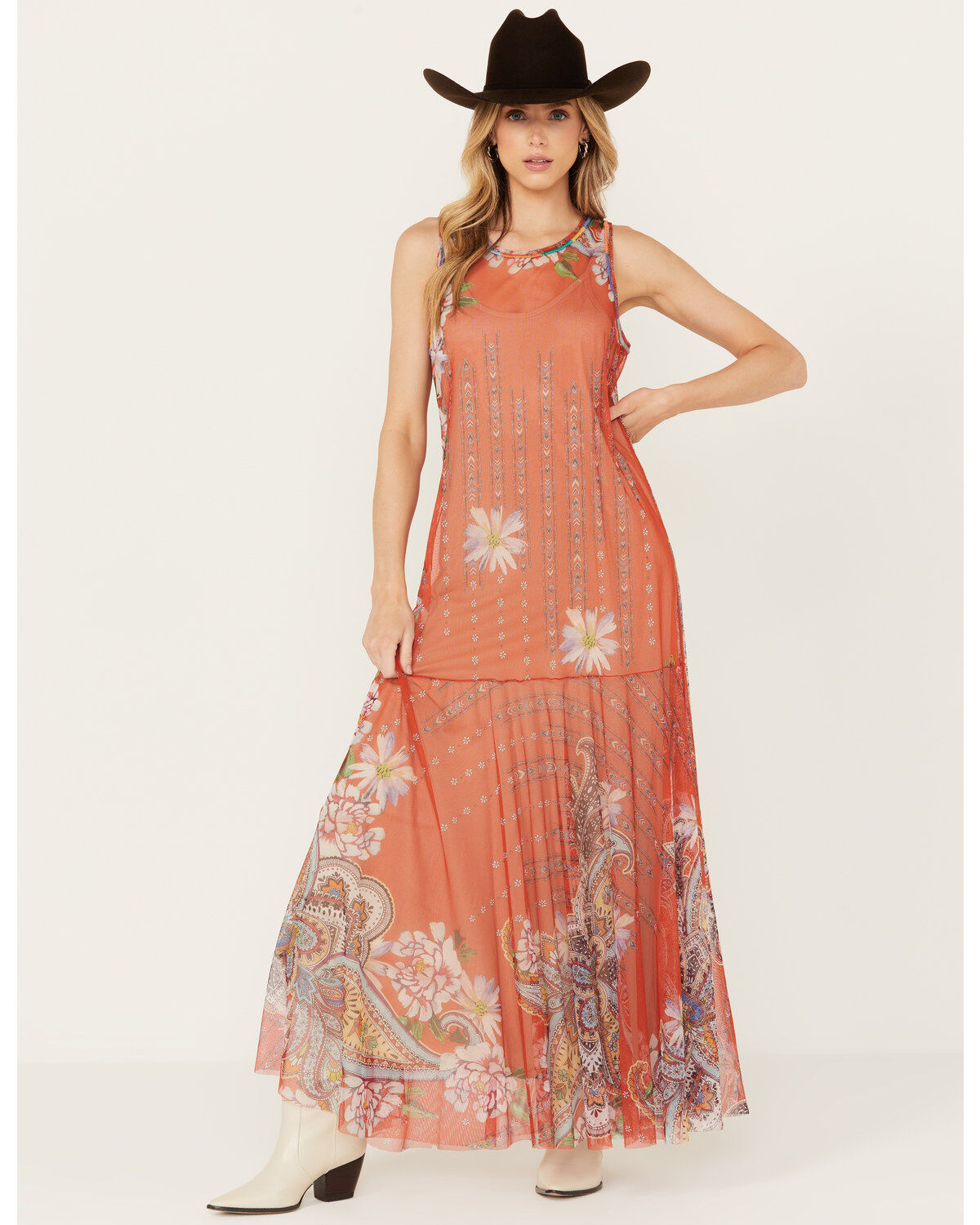 Women's Johnny Was Paisley Print Mesh Slip Maxi Dress
