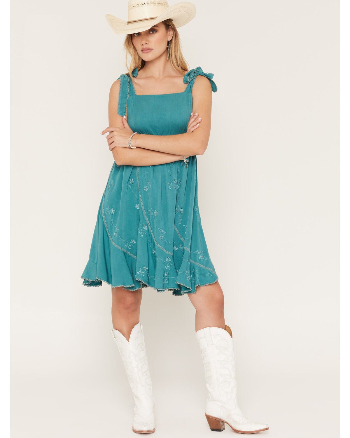 Women's Wild Moss Tie Strap Embroidered Mini Dress