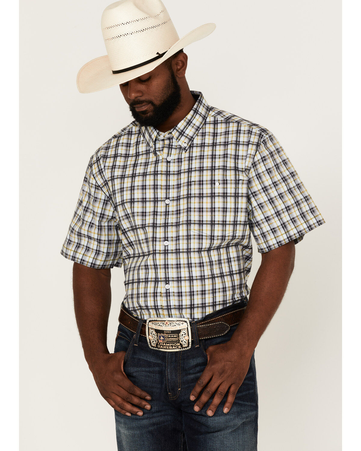 Men's RANK 45 Sponsor Plaid Print Short Sleeve Button-Down Western Sh