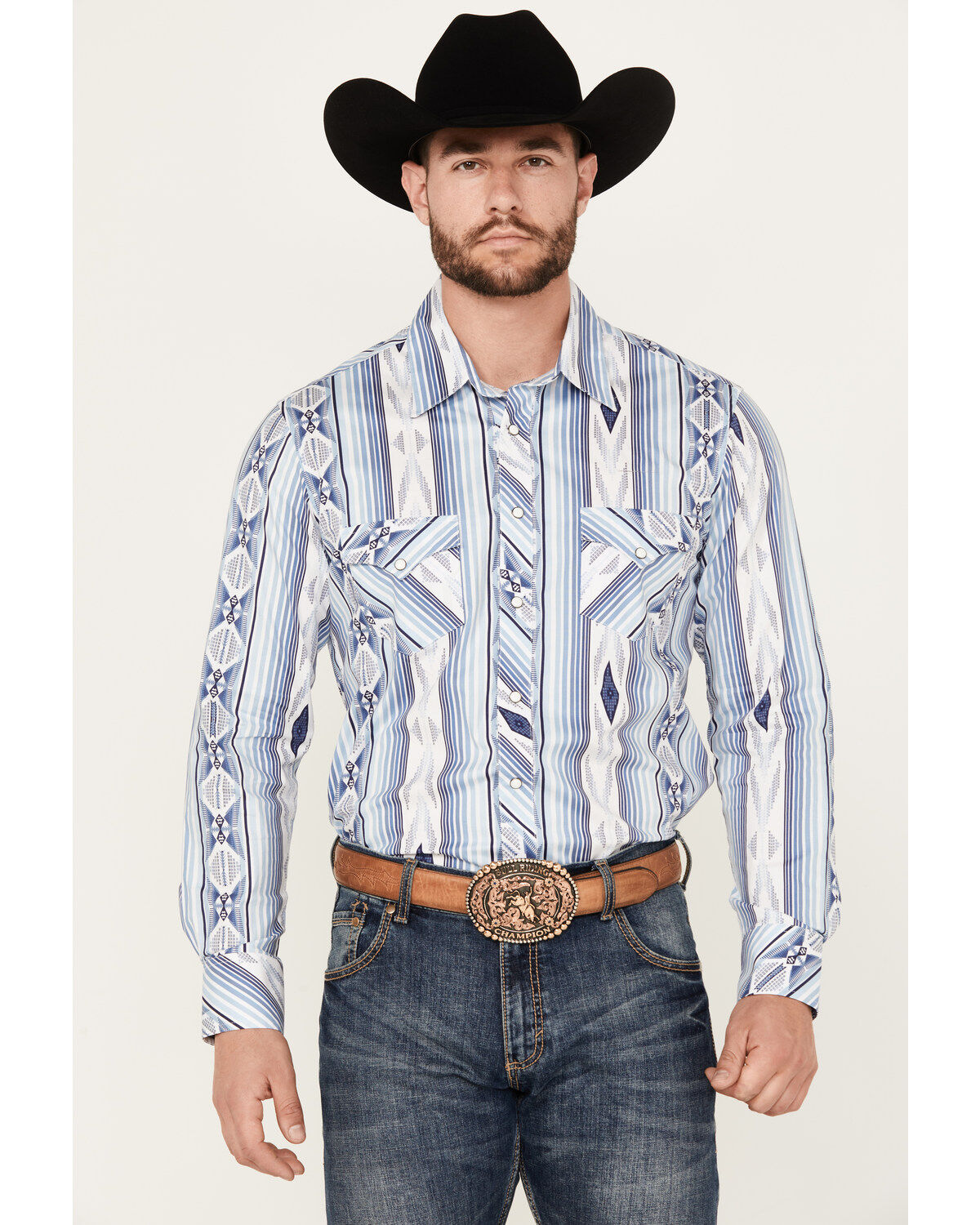 Men's Rock & Roll Denim Southwestern Print Striped Stretch Long Sleeve