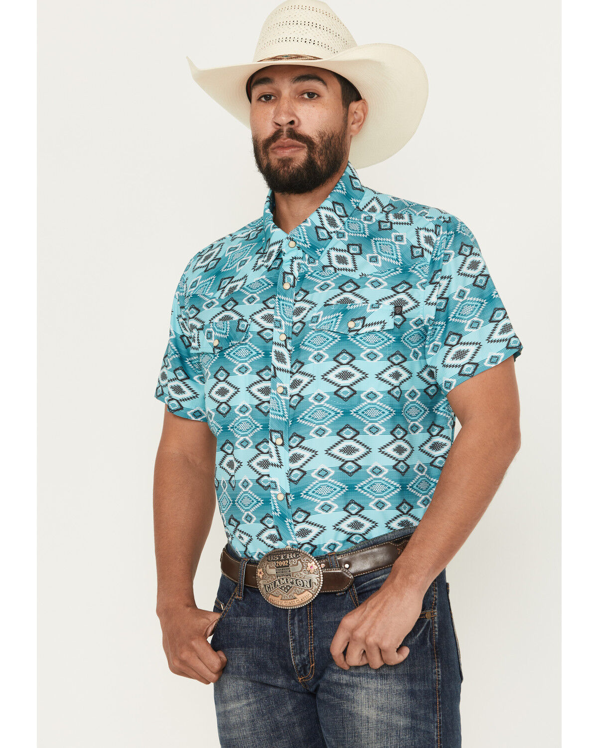 Men's Rock & Roll Denim TEK Southwestern Print Short Sleeve Snap Weste