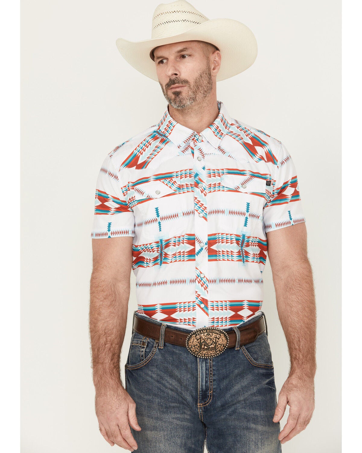 Men's Rock & Roll Denim Tek Southwestern Striped Short Sleeve Pearl Sn