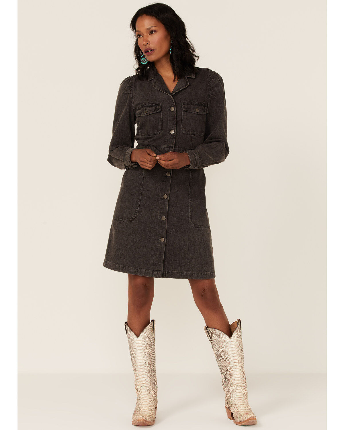 Women's Velvet Heart Long Sleeve Button-Down Denim Mini Dress