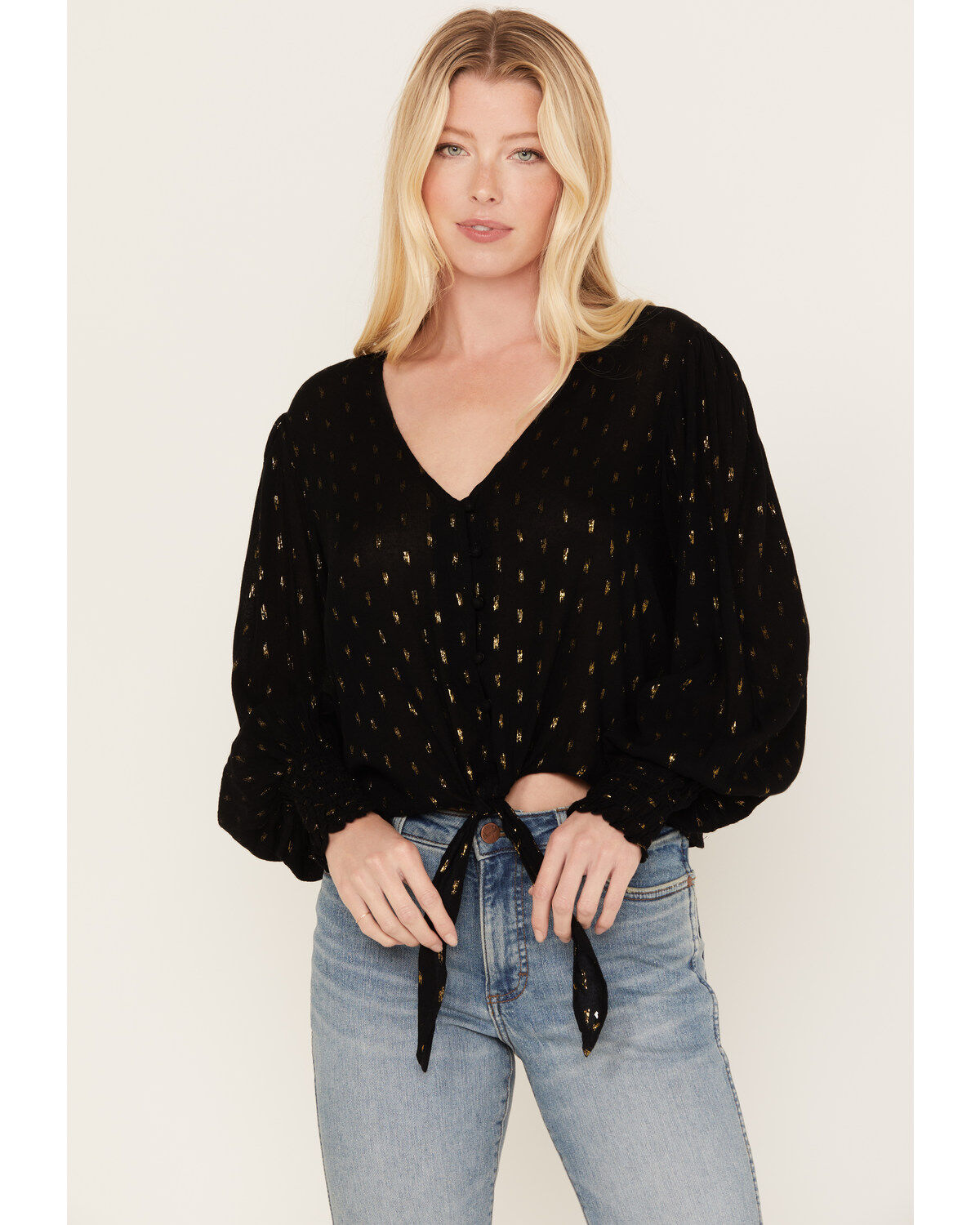 Women's Wrangler Retro Tie Front Poet Sleeve Cropped Blouse