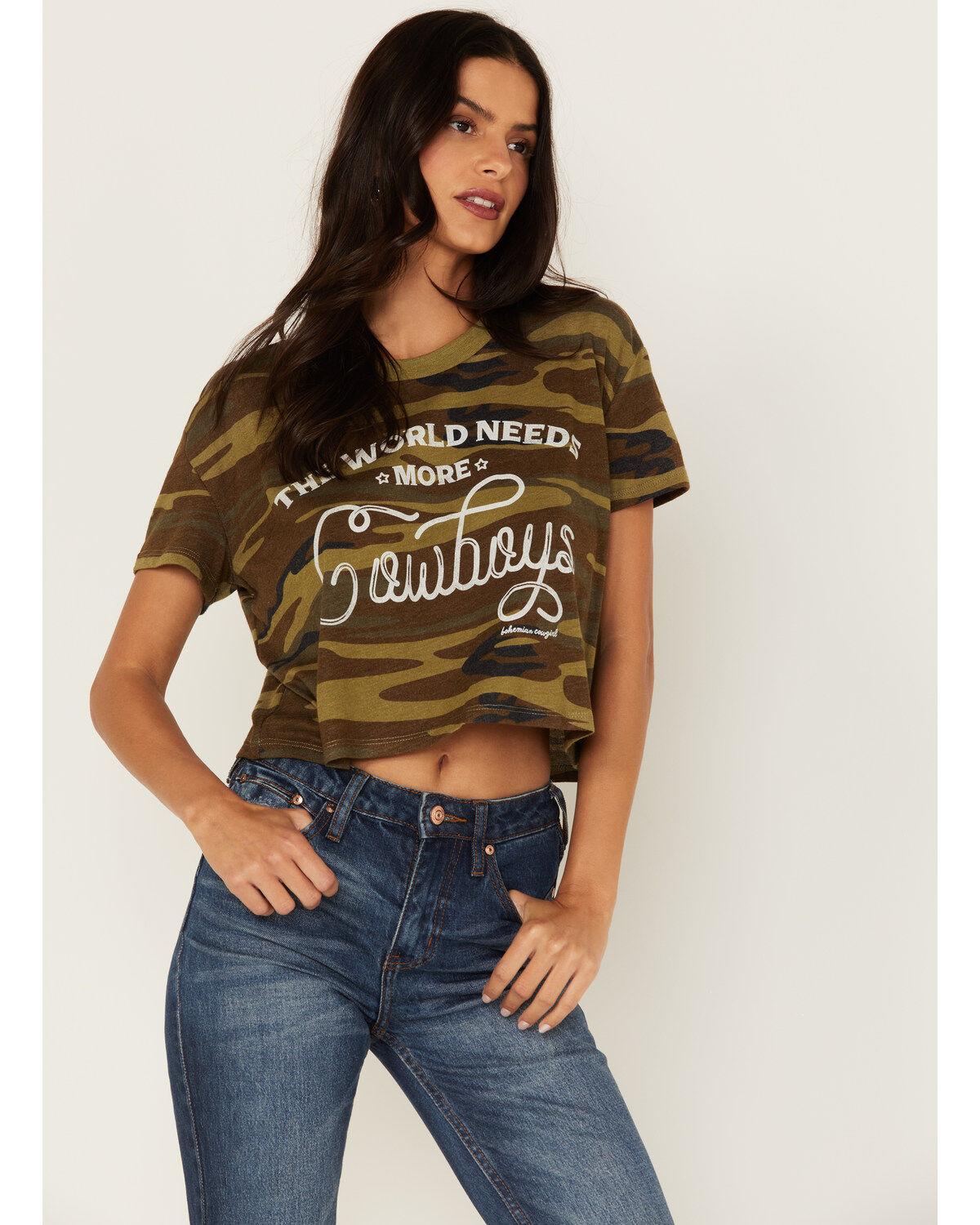 Women's Bohemian Cowgirl Need More Cowboys Graphic Short Sleeve Tee