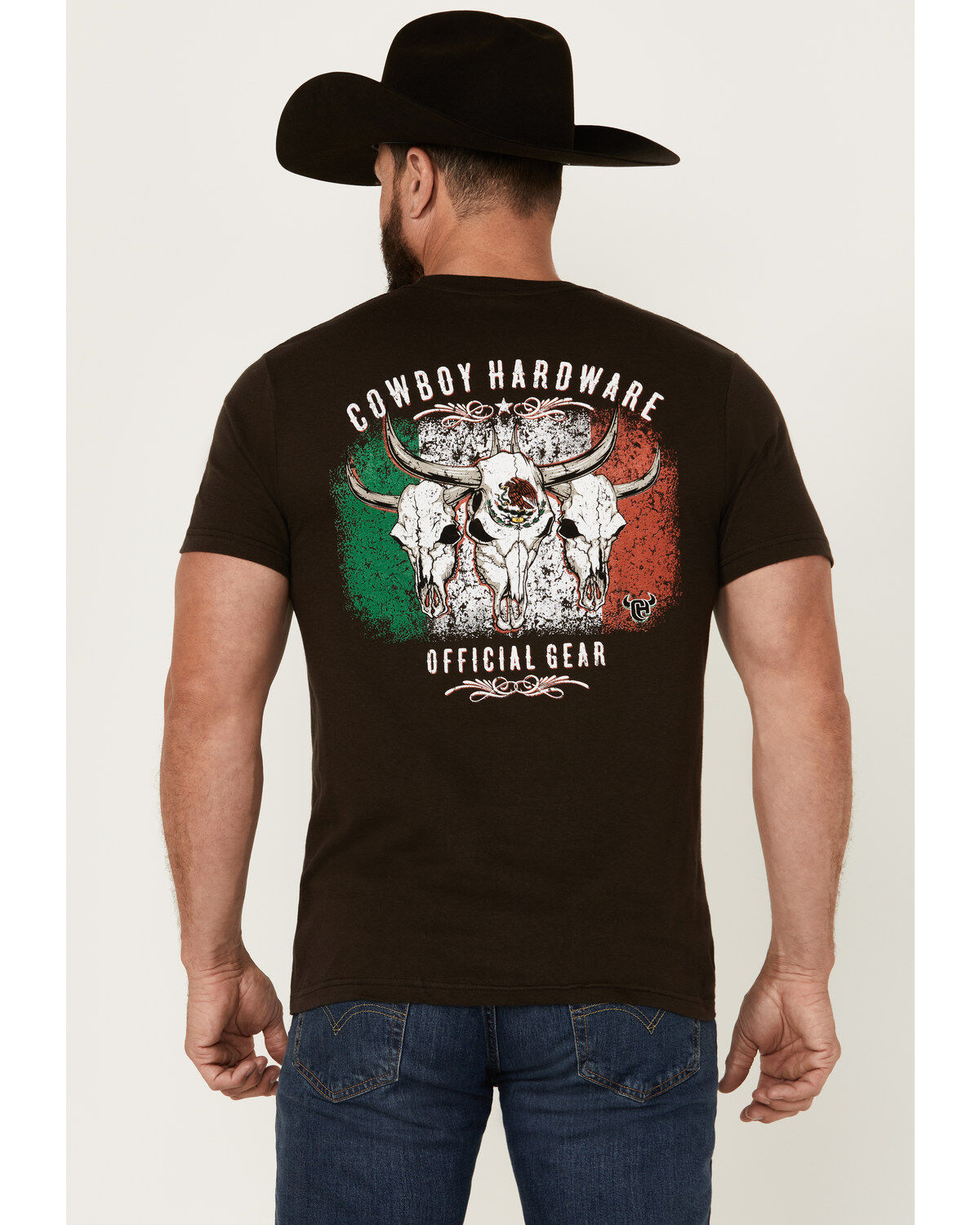 Men's Cowboy Hardware Triple Skull Mexican Flag Short Sleeve Graphic T