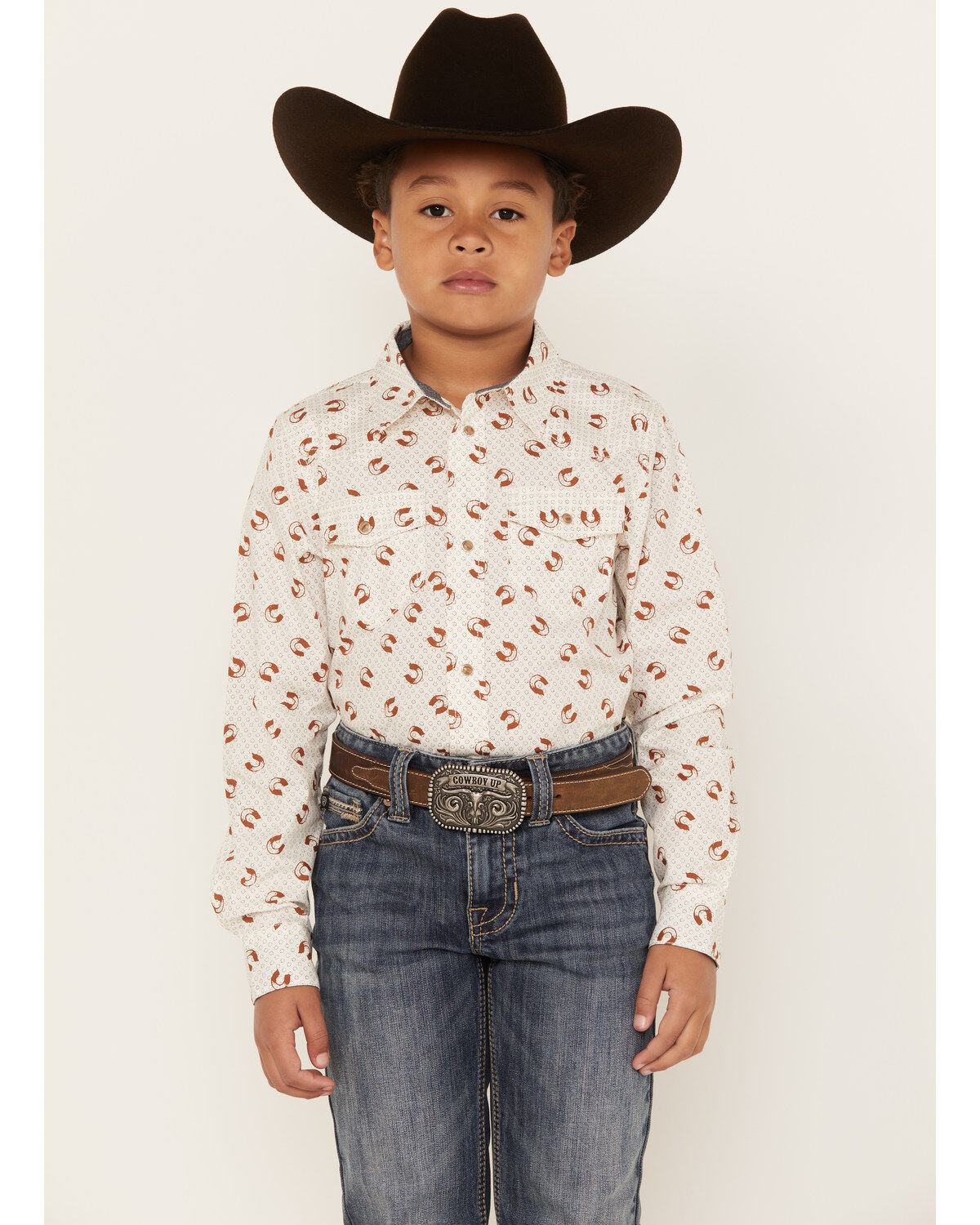 Boys' Cody James Horse Shoe Print Long Sleeve Western Snap Shirt