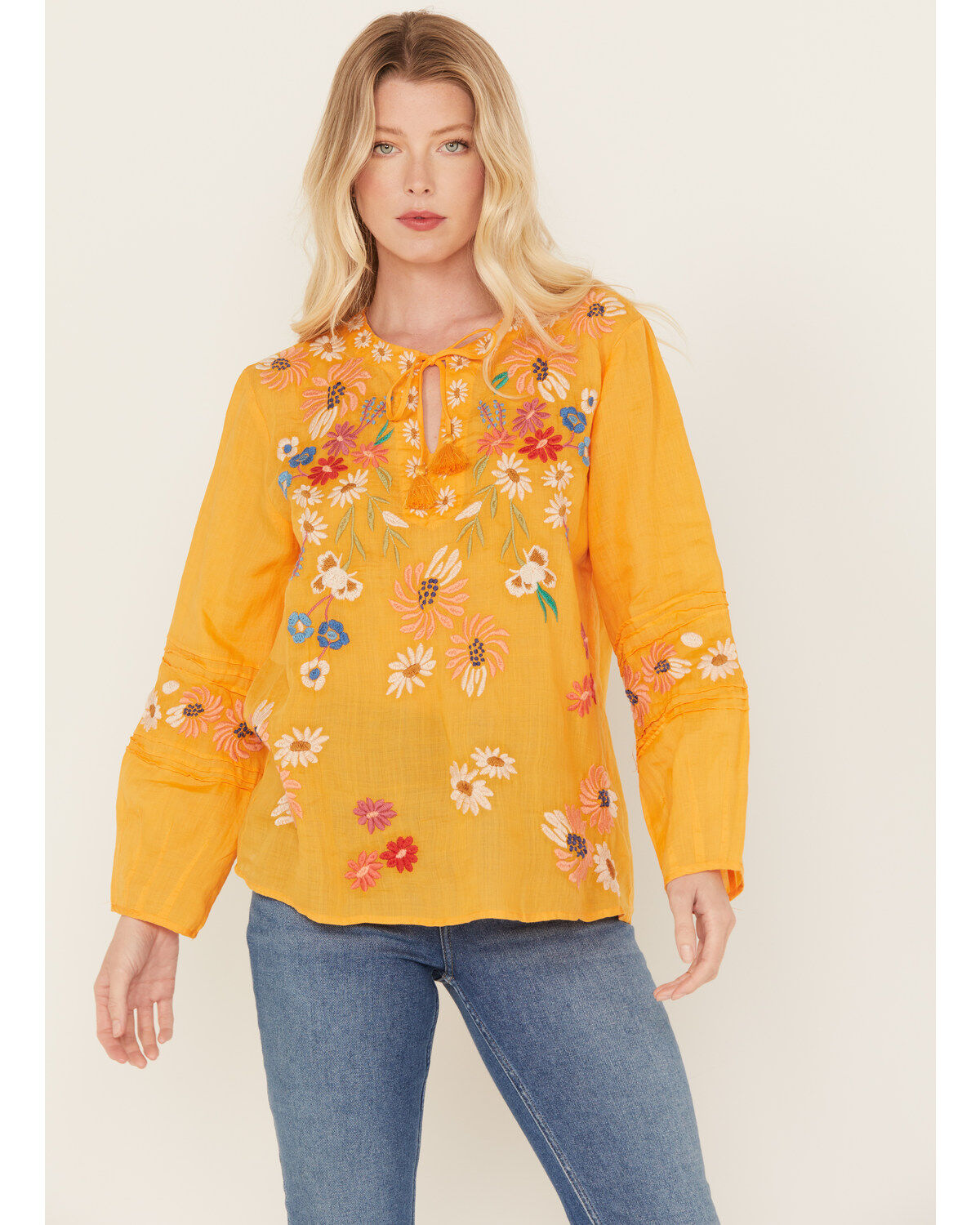 Women's Johnny Was Marissa Floral Embroidered Long Sleeve Pintuck Blou