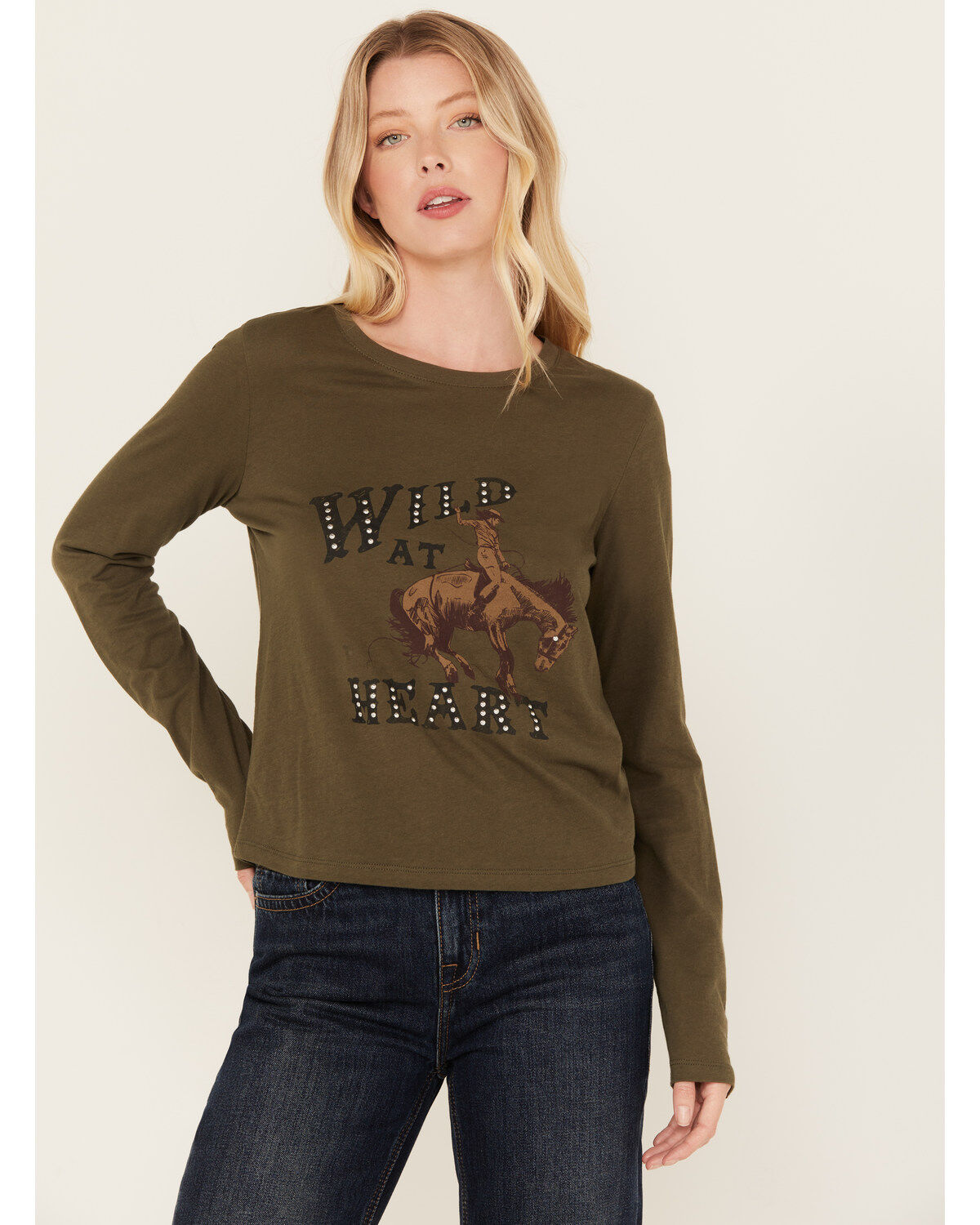 Women's White Crow Wild Heart Studded Long Sleeve Graphic Tee
