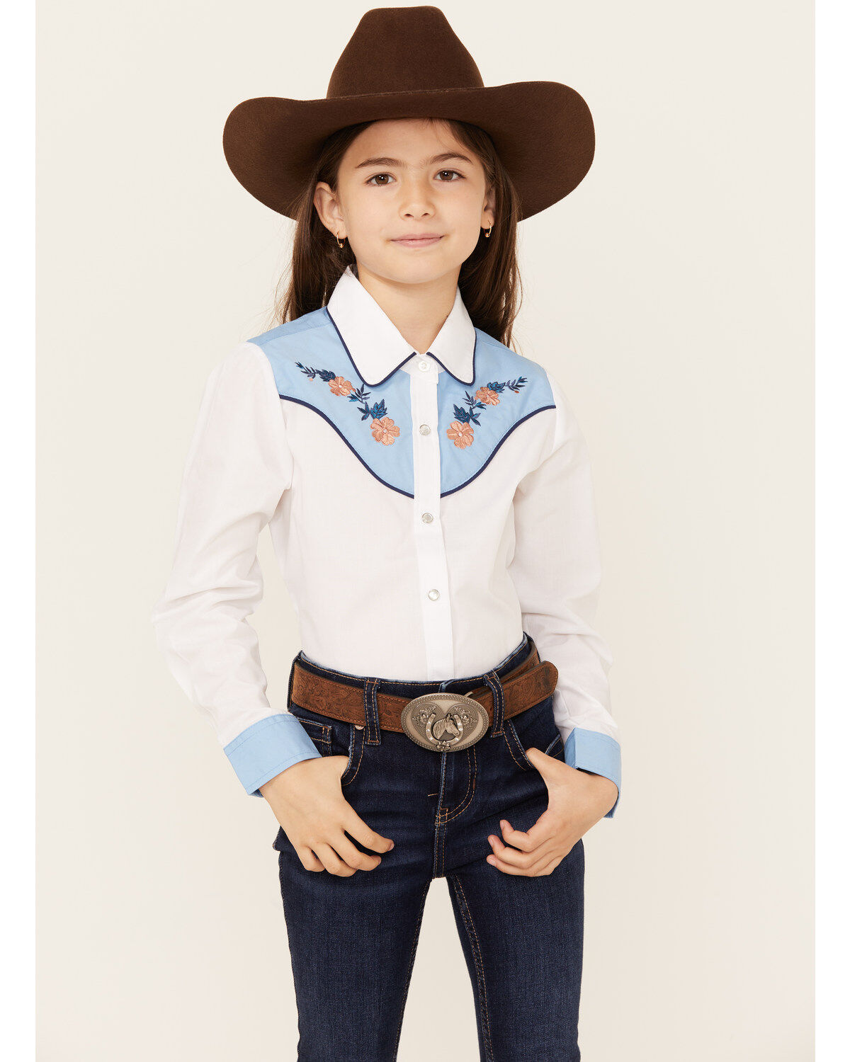 Girls' Ely Walker Embroidered Yoke Solid Long Sleeve Pearl Snap Wester