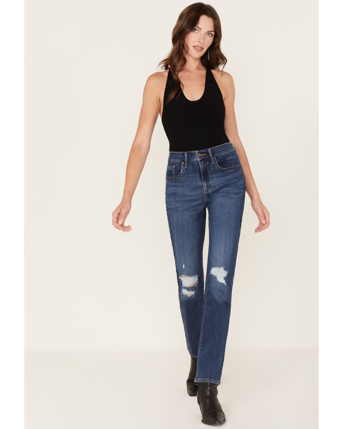 Women's Levi's 724 Dark Wash High Rise Distressed Straight Jeans