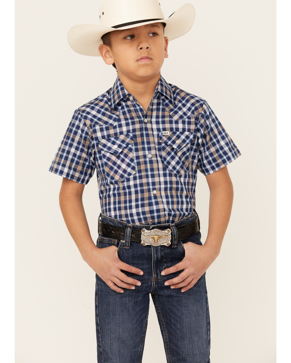 Boys' Ely Walker Plaid Print Short Sleeve Pearl Snap Western Shirt