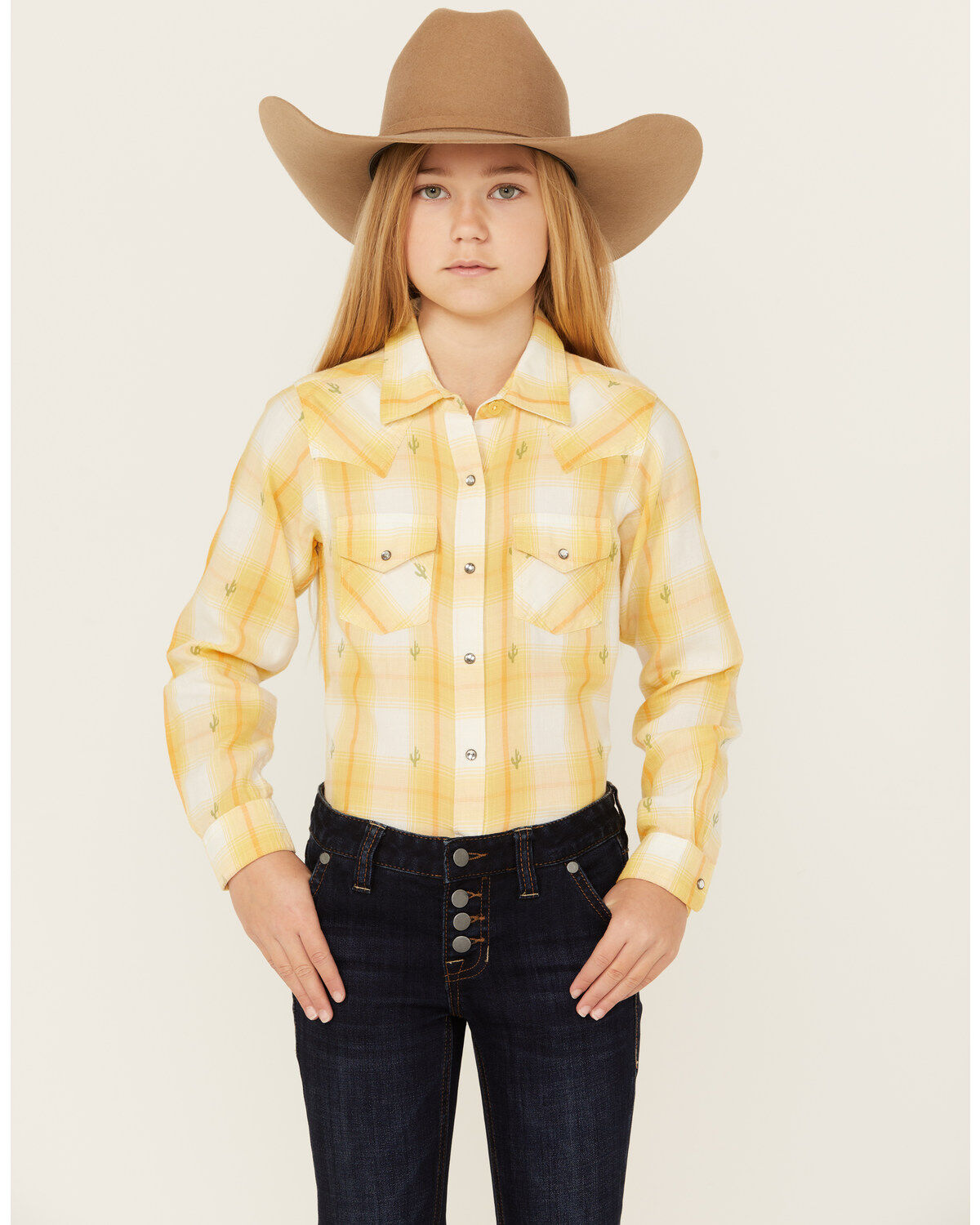 Girls' Ariat Glenrock Cactus Plaid Print Long Sleeve Rhinestone Snap W