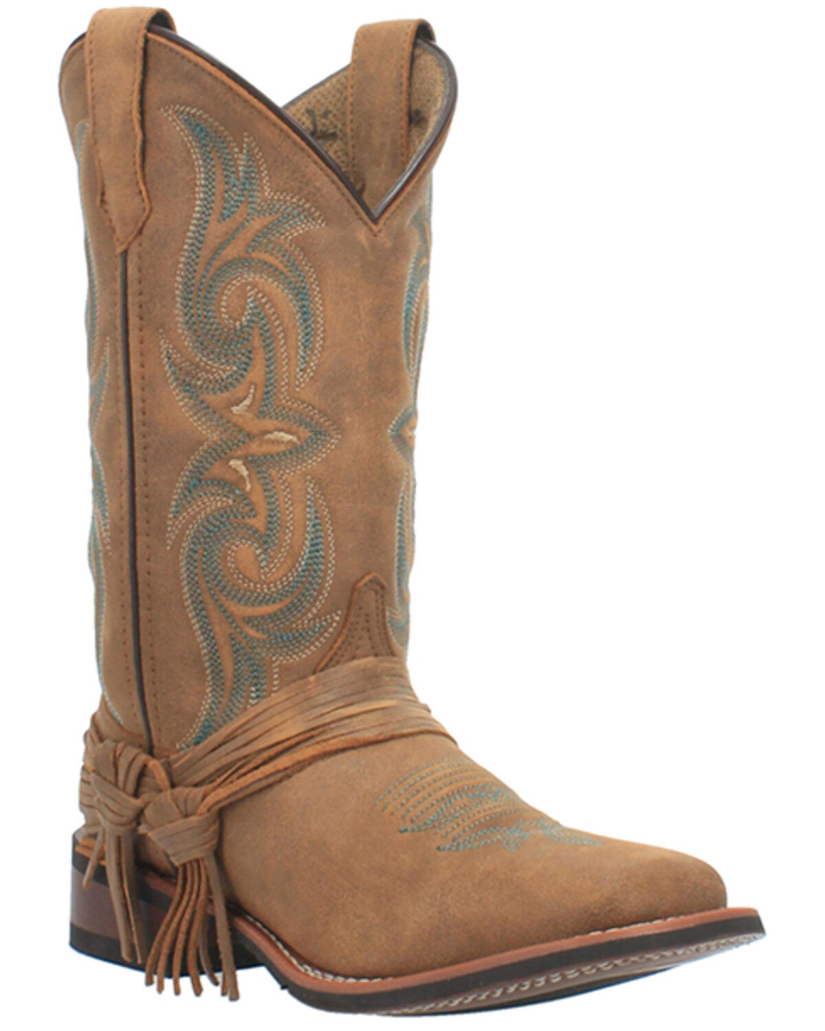 Women's Laredo Tan Turquoise Stitching Western Boots - Square Toe