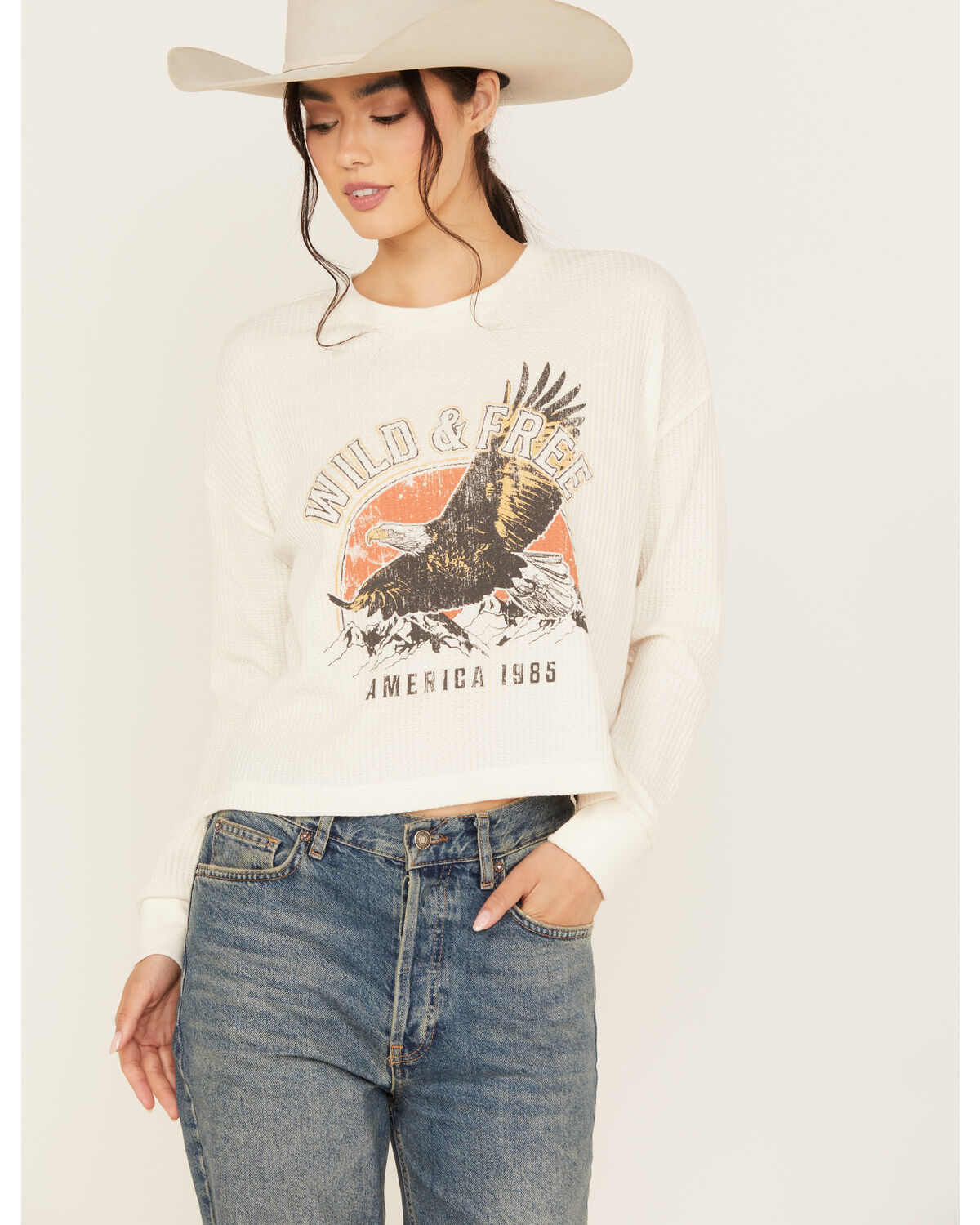 Women's White Crow American Eagle Long Sleeve Graphic Waffle Tee