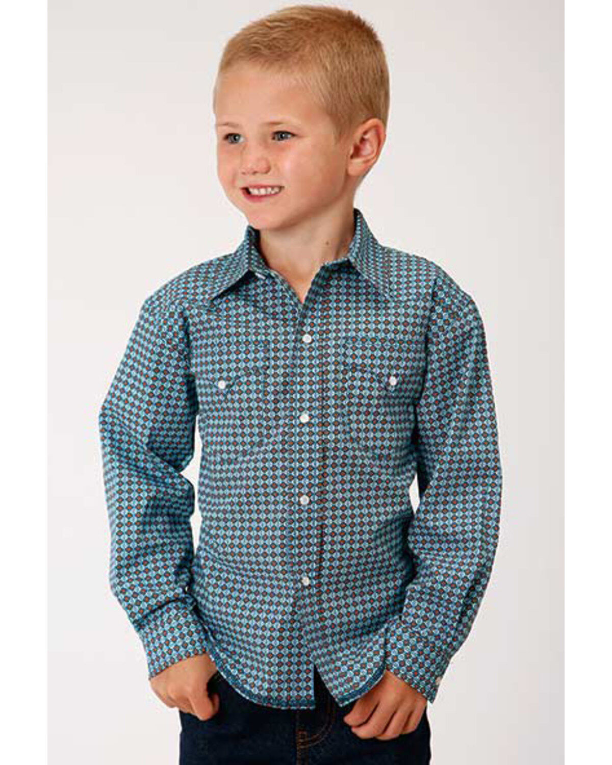 Boys' West Made Central Geo Print Long Sleeve Western Shirt